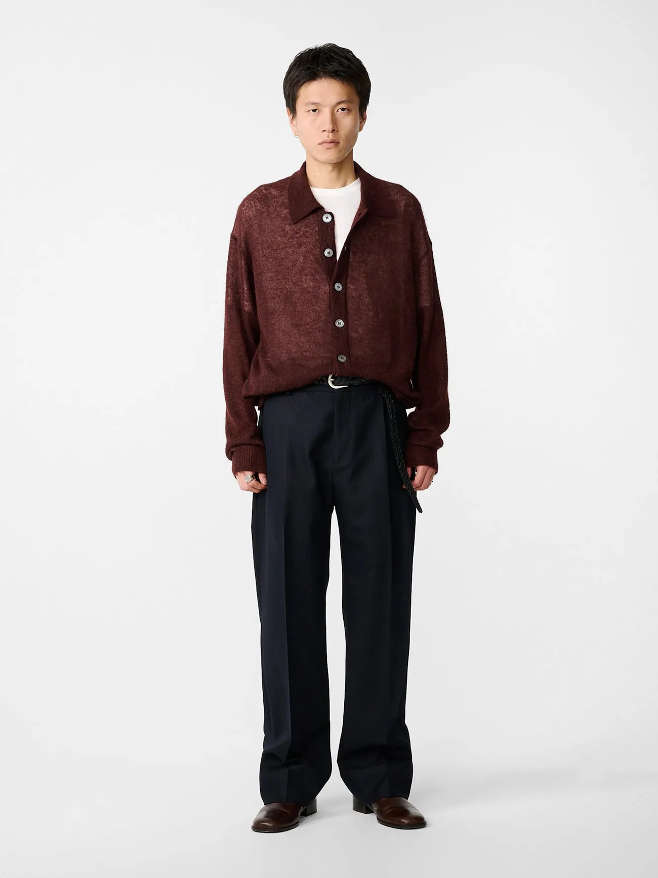 Hamto Cardigan in Mulberry sold by Studio Nicholson