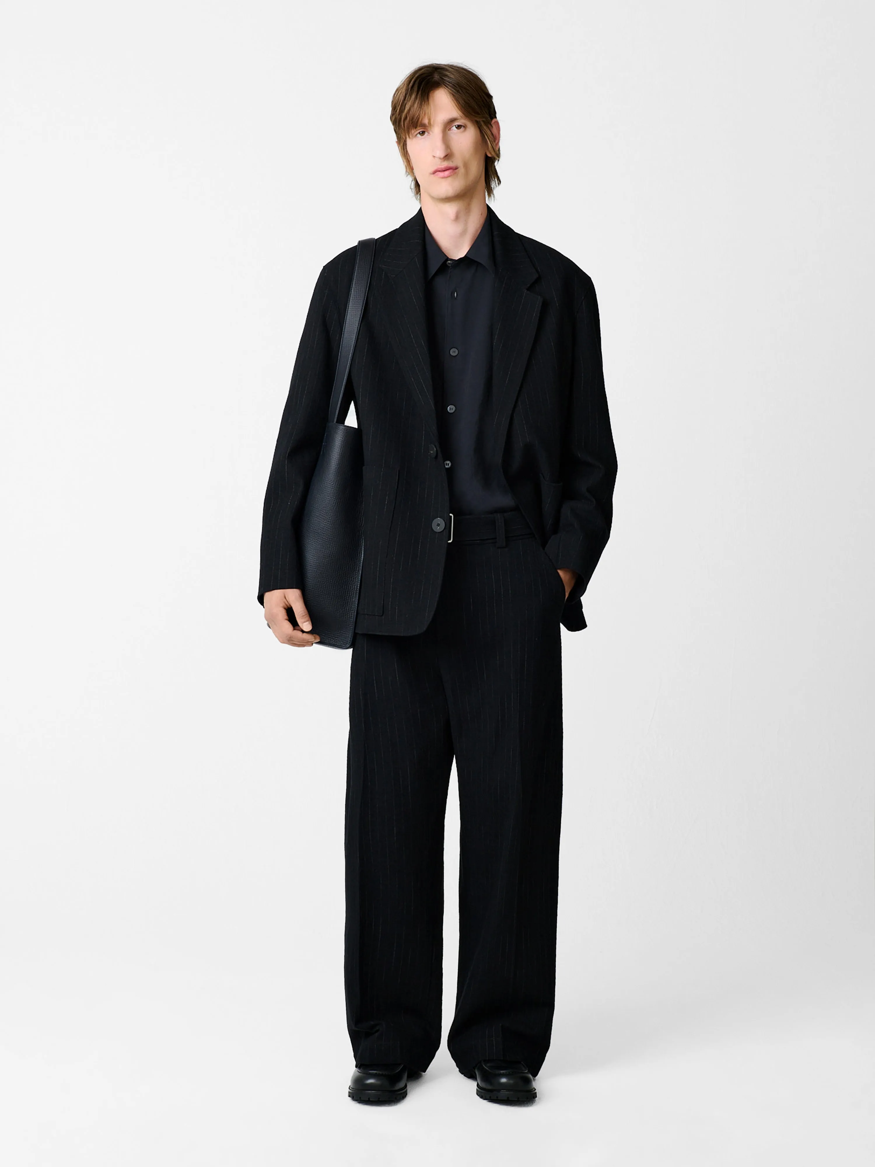 Vital Belted Pant in Black Stripe sold by Studio Nicholson