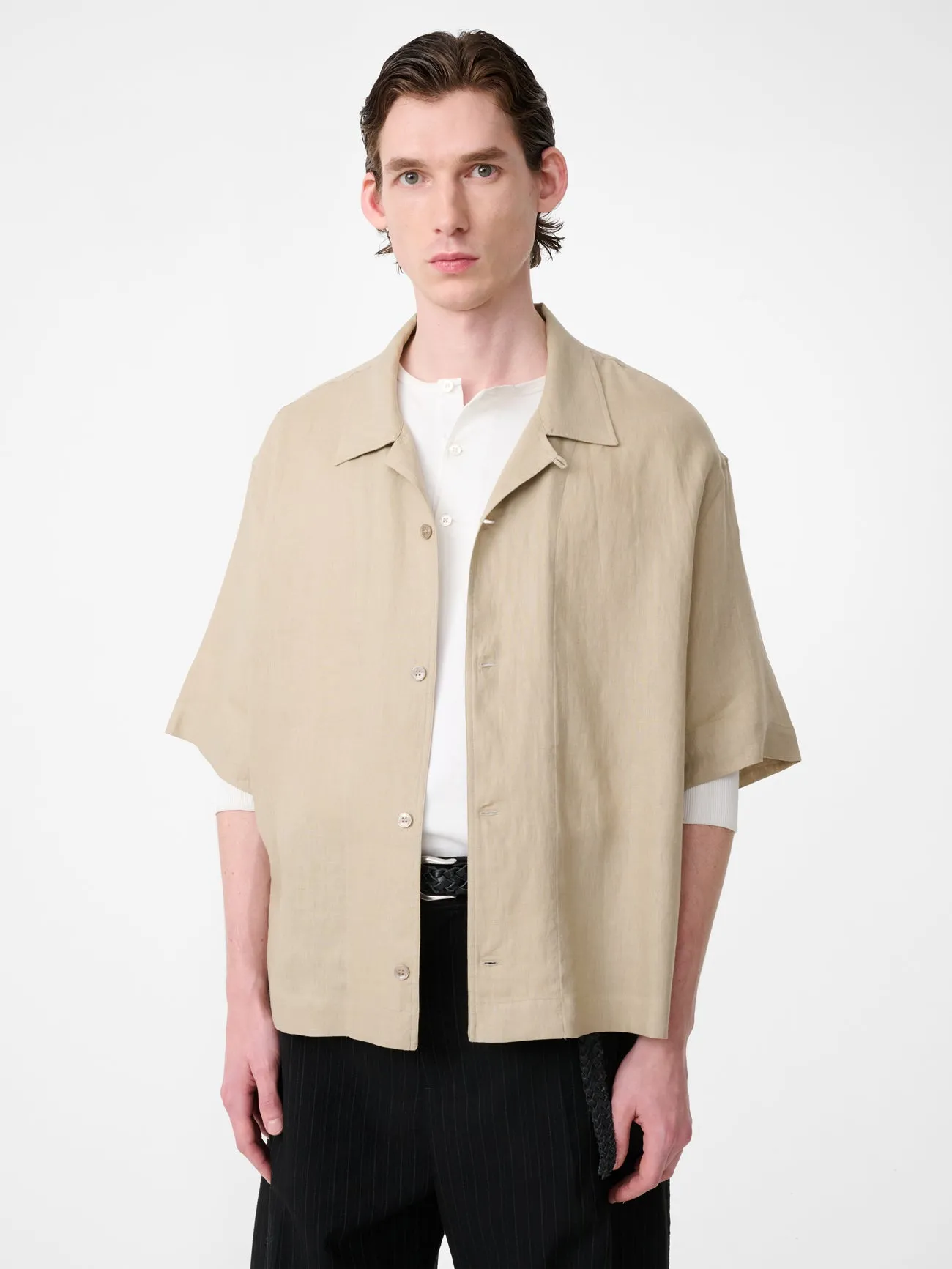 Oryn Short Sleeve Linen Shirt in Sand sold by Studio Nicholson product image thumbnail 5