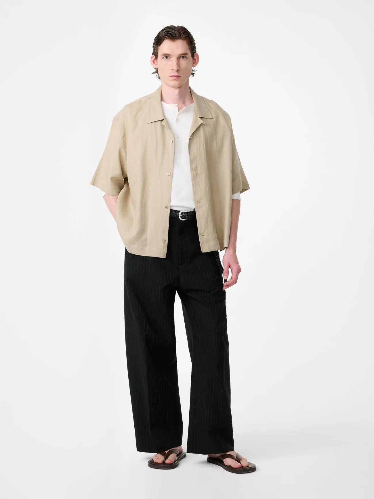 Oryn Short Sleeve Linen Shirt in Sand sold by Studio Nicholson