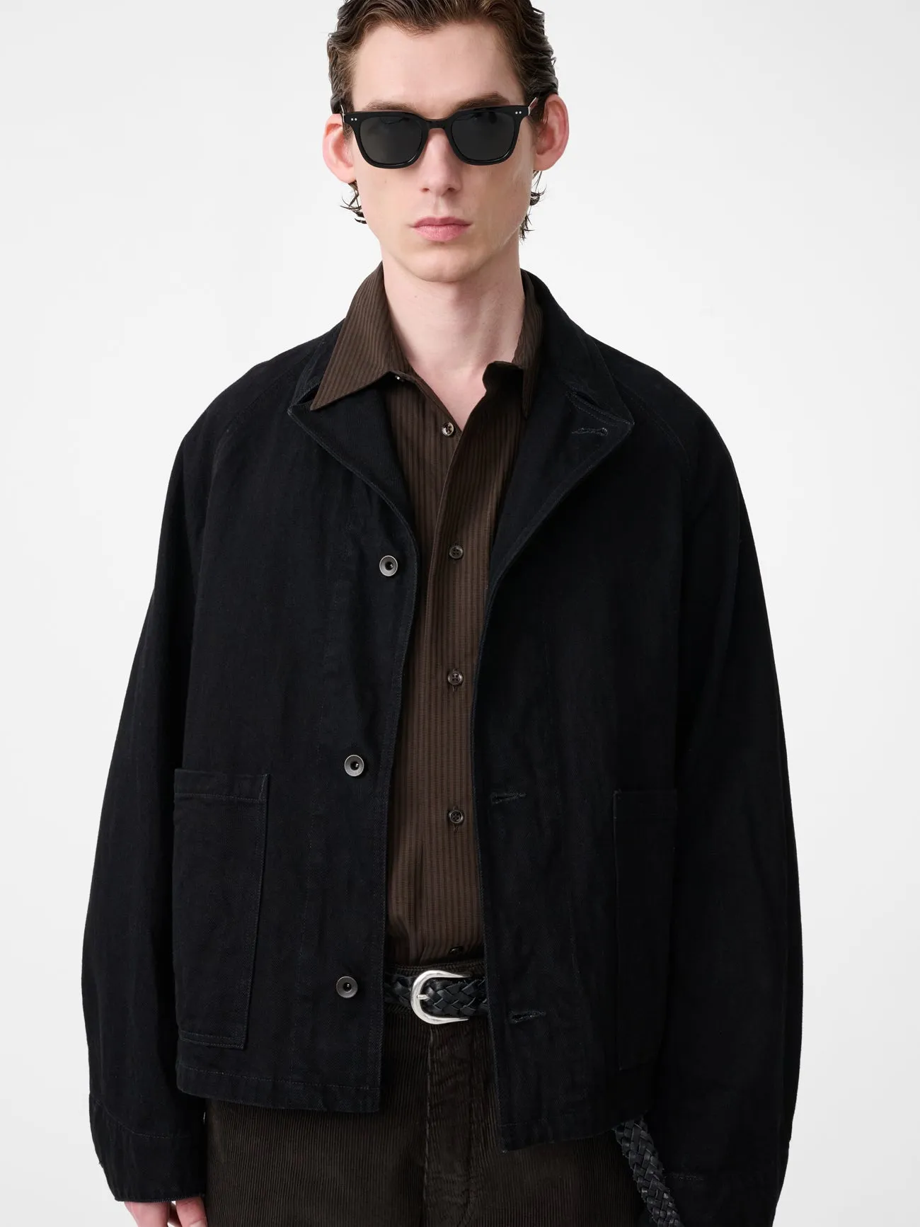 Coggan Crinkle Denim Jacket in Black sold by Studio Nicholson product image thumbnail 3