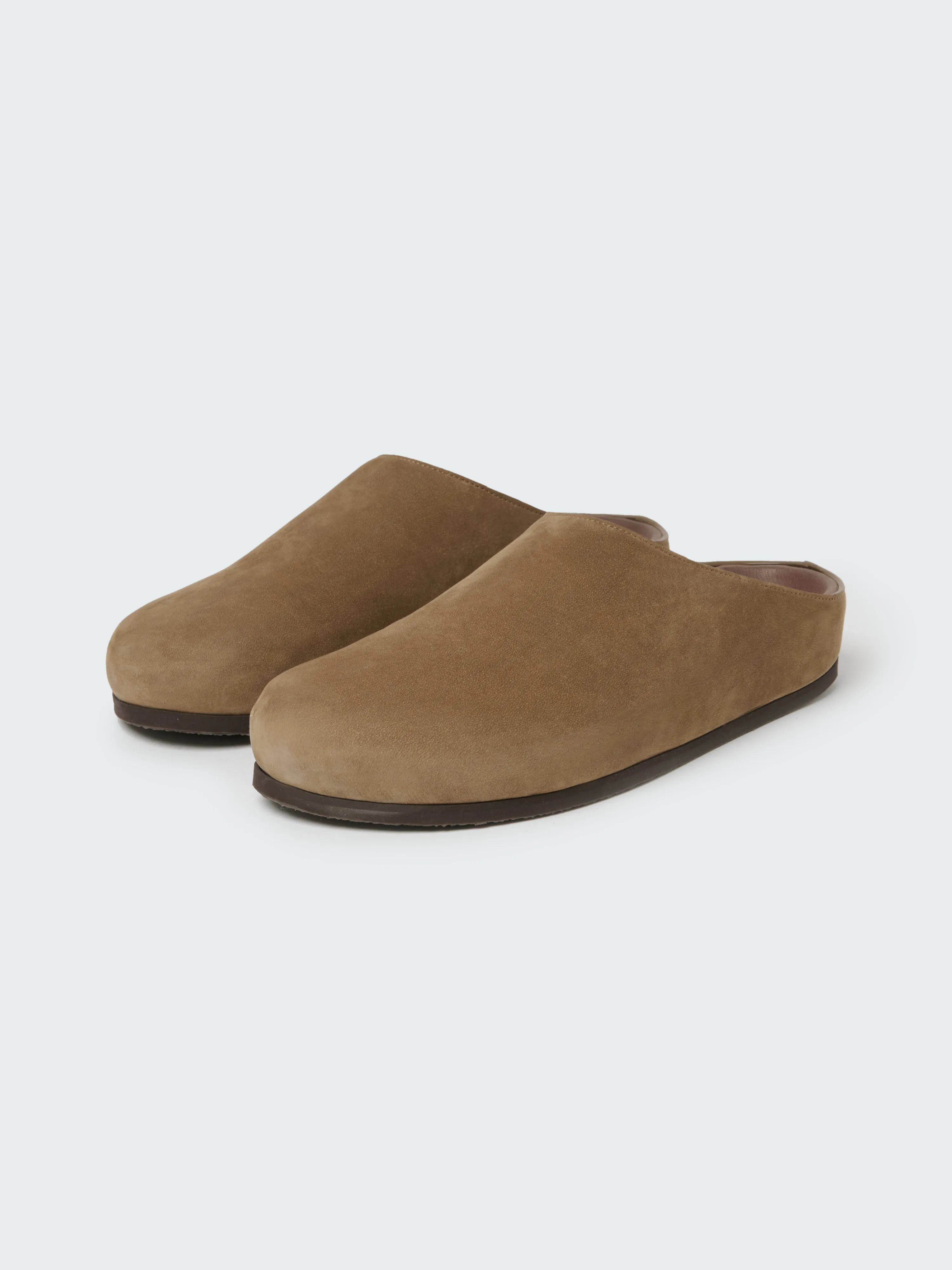 Men's Wearing Nabuk Clog in Taupe sold by Studio Nicholson