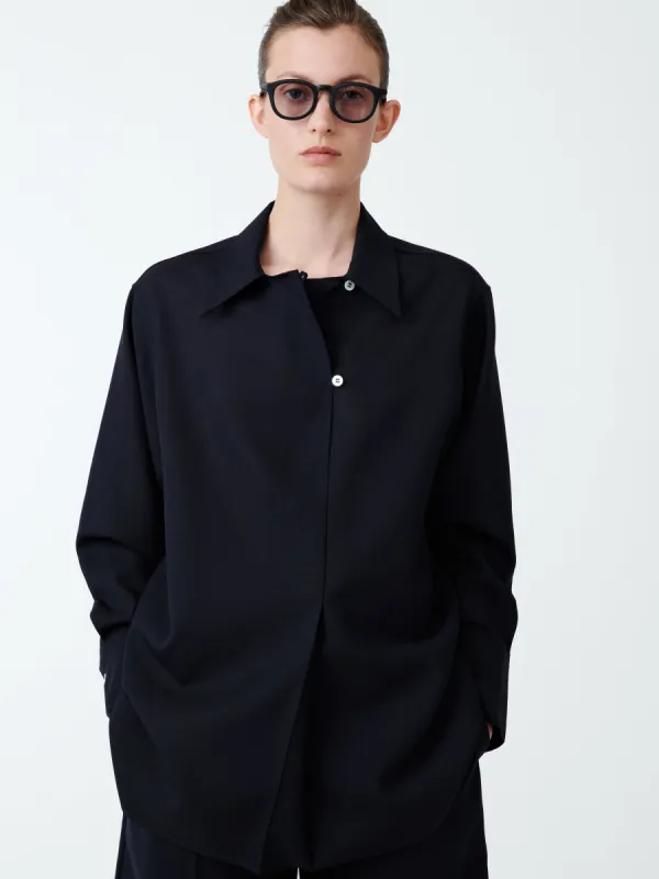 Wilton Tropical Wool Shirt in Darkest Navy sold by Studio Nicholson
