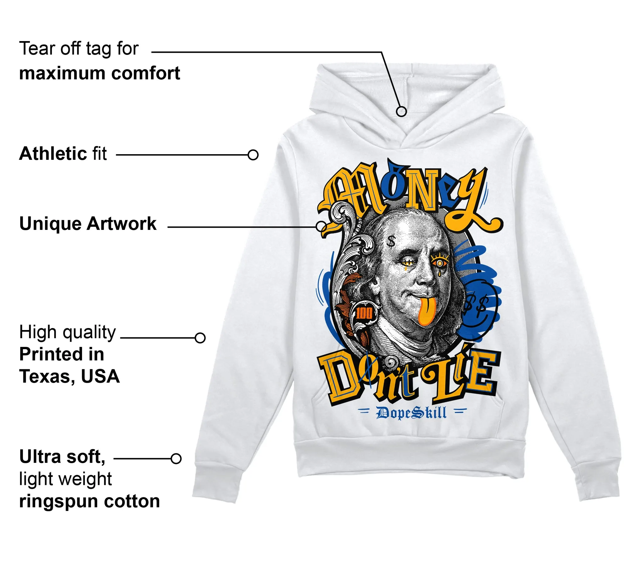 Dunk Blue Jay and University Gold DopeSkill Hoodie Sweatshirt Money Don't Lie Graphic sold by DopeSkill product image thumbnail 3