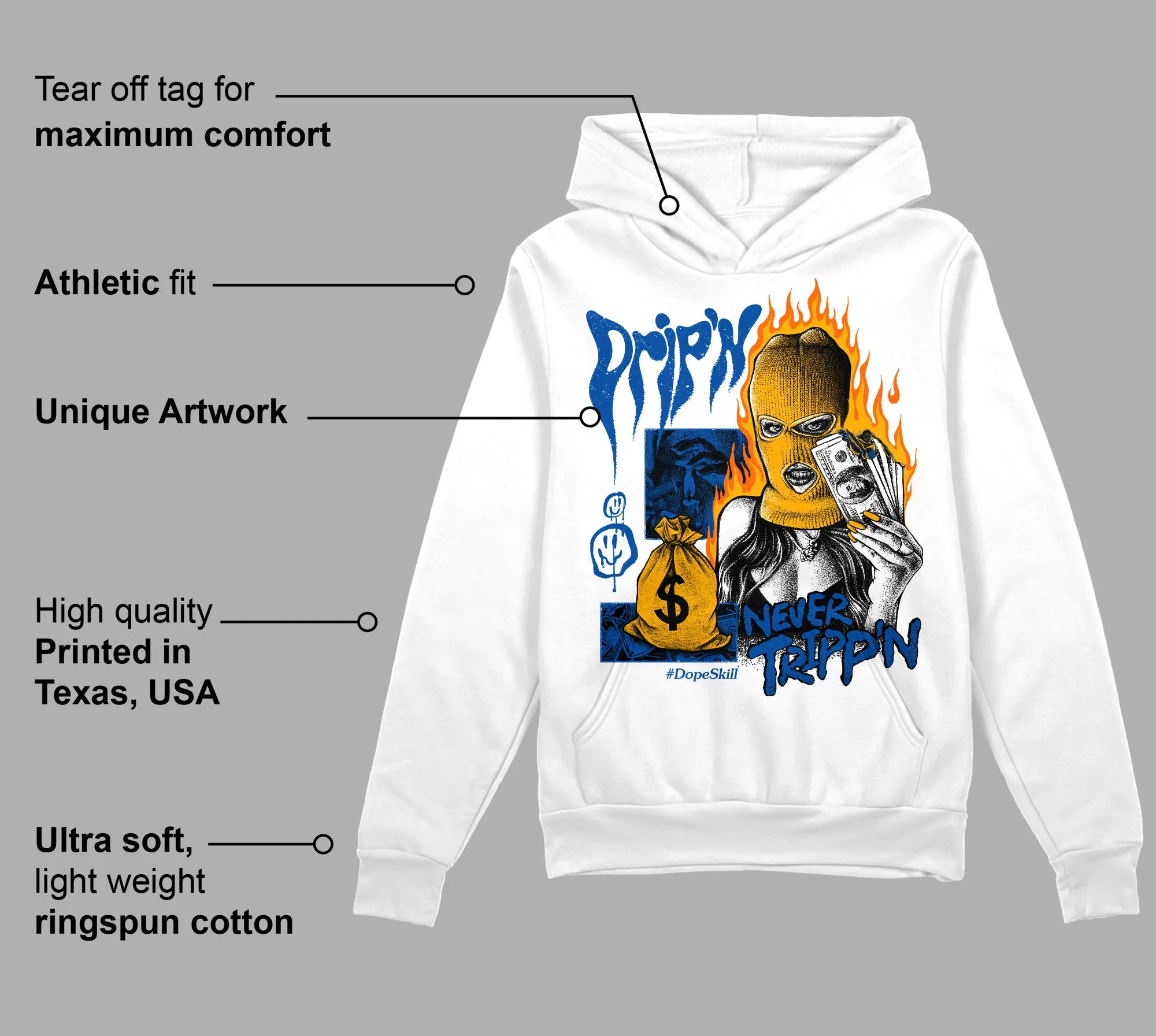 Dunk Blue Jay and University Gold DopeSkill Hoodie Sweatshirt Drip'n Never Tripp'n Graphic sold by DopeSkill product image thumbnail 3