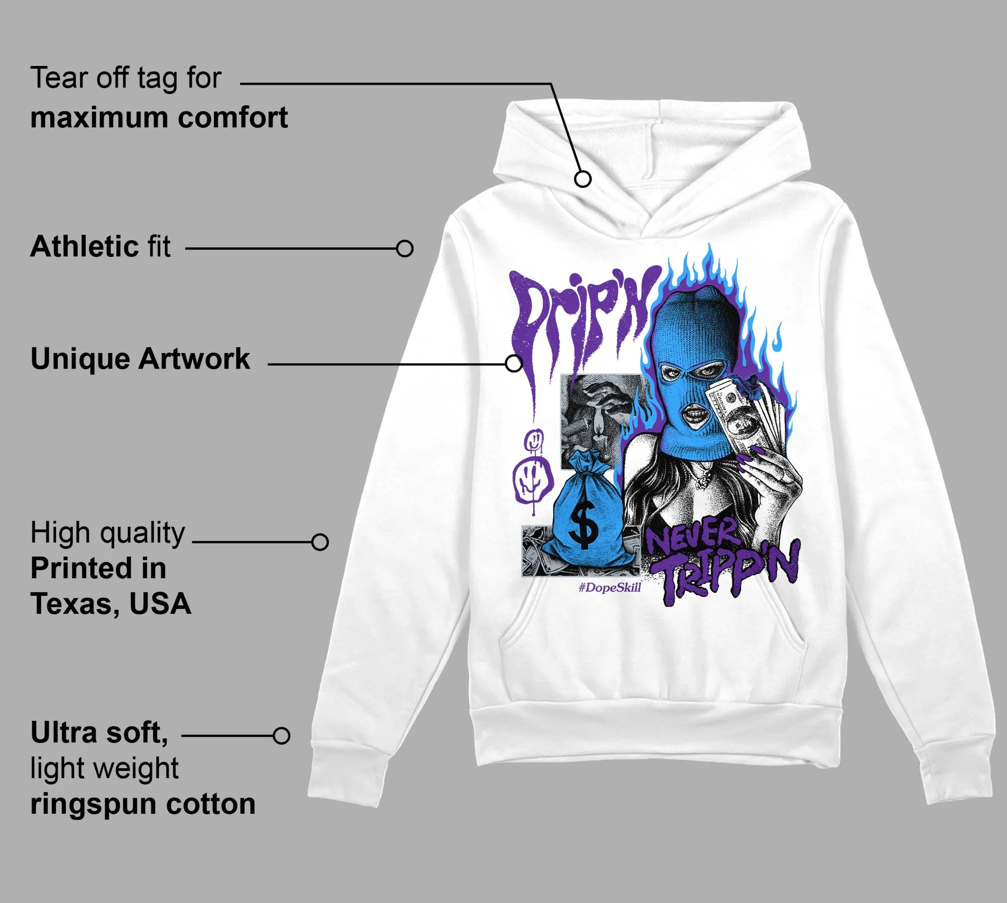 Dark Iris 3s DopeSkill Hoodie Sweatshirt Drip'n Never Tripp'n Graphic sold by DopeSkill product image thumbnail 3