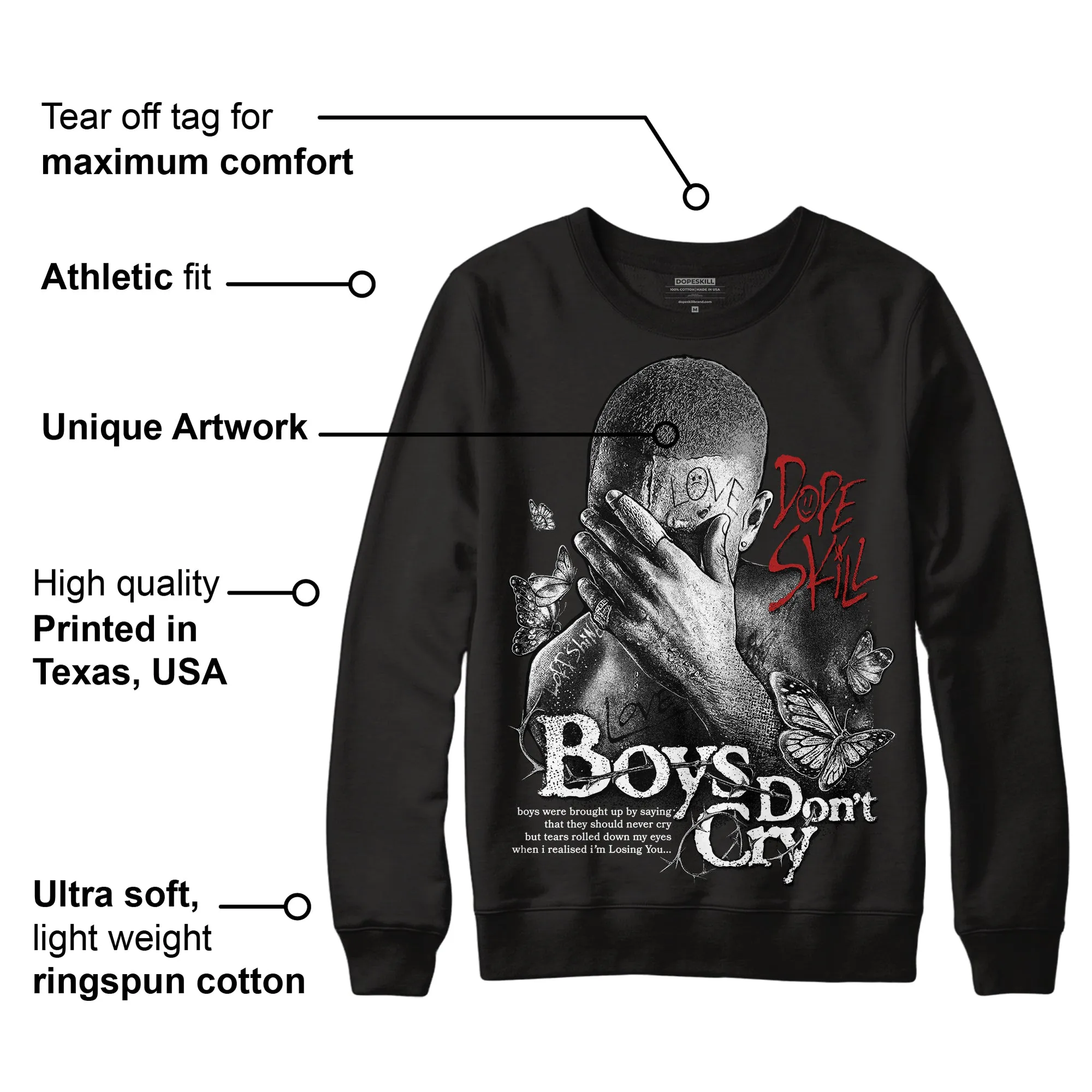 Black and White 14s DopeSkill Sweatshirt Boys Don't Cry Graphic sold by DopeSkill product image thumbnail 3