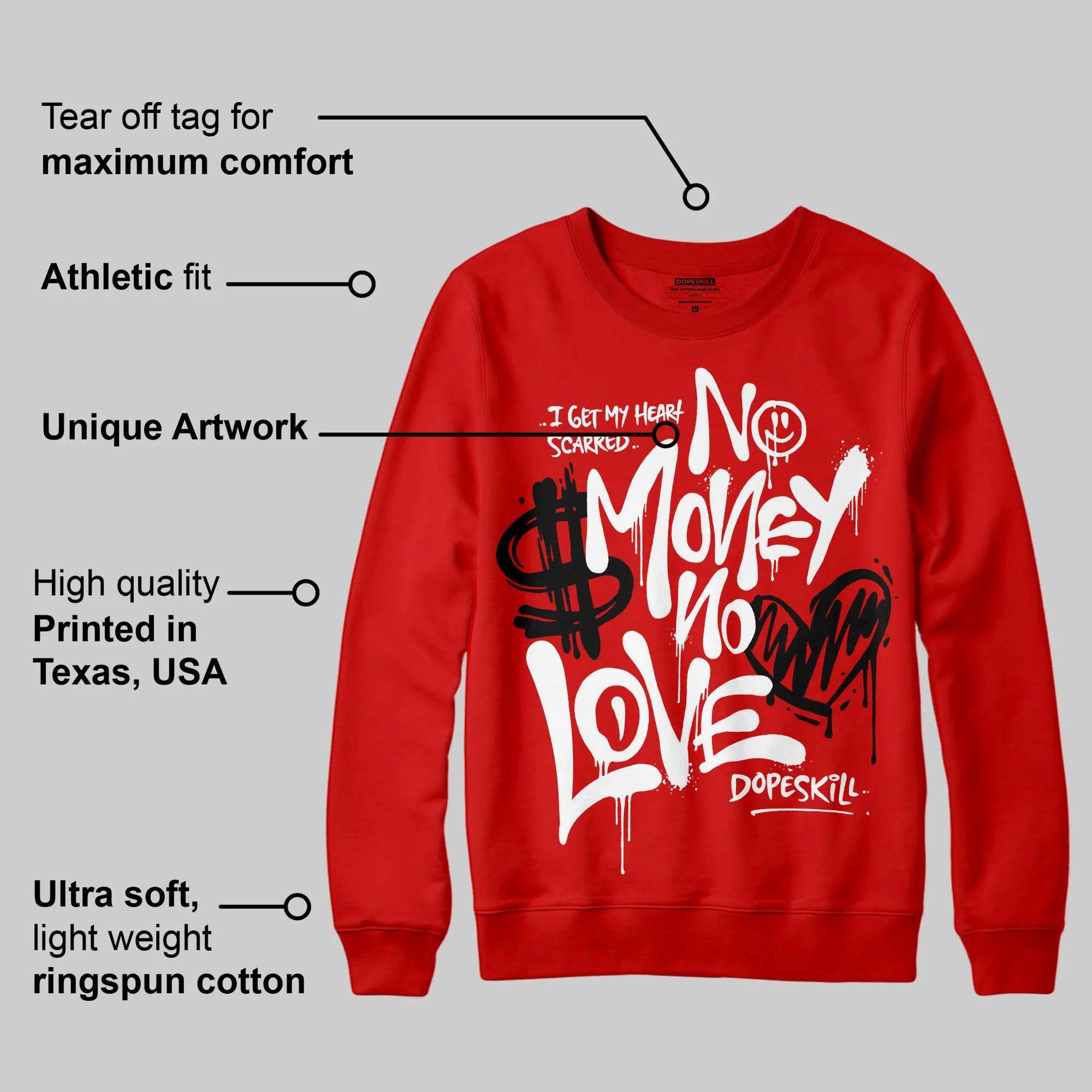 Bred Velvet 11s DopeSkill Red Sweatshirt No Money No Love Typo Graphic sold by DopeSkill product image thumbnail 2