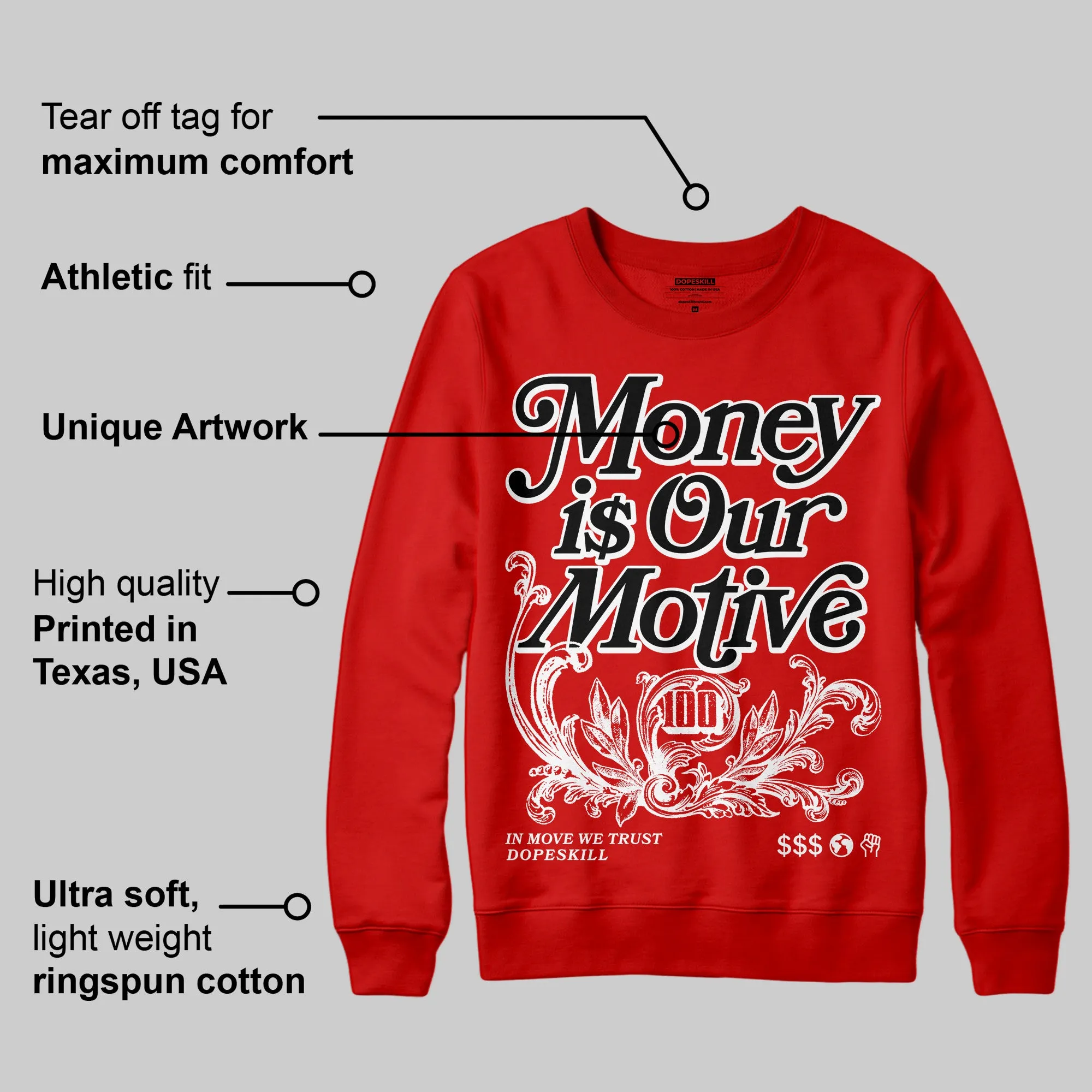 Bred Velvet 11s DopeSkill Red Sweatshirt Money Is Our Motive Typo Graphic sold by DopeSkill product image thumbnail 2