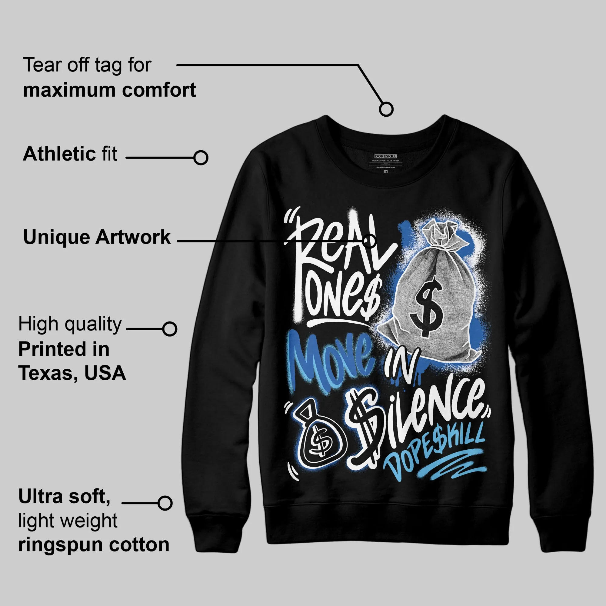 Blueberry 12s DopeSkill Sweatshirt Real Ones Move In Silence Graphic sold by DopeSkill product image thumbnail 3