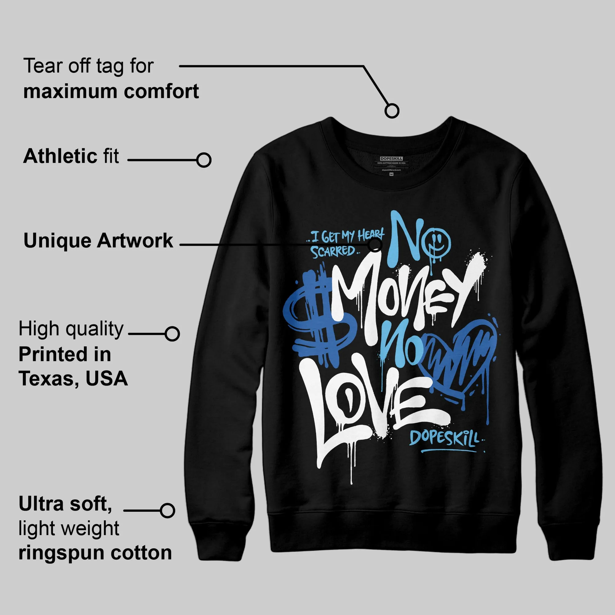 Blueberry 12s DopeSkill Sweatshirt No Money No Love Typo Graphic sold by DopeSkill product image thumbnail 3