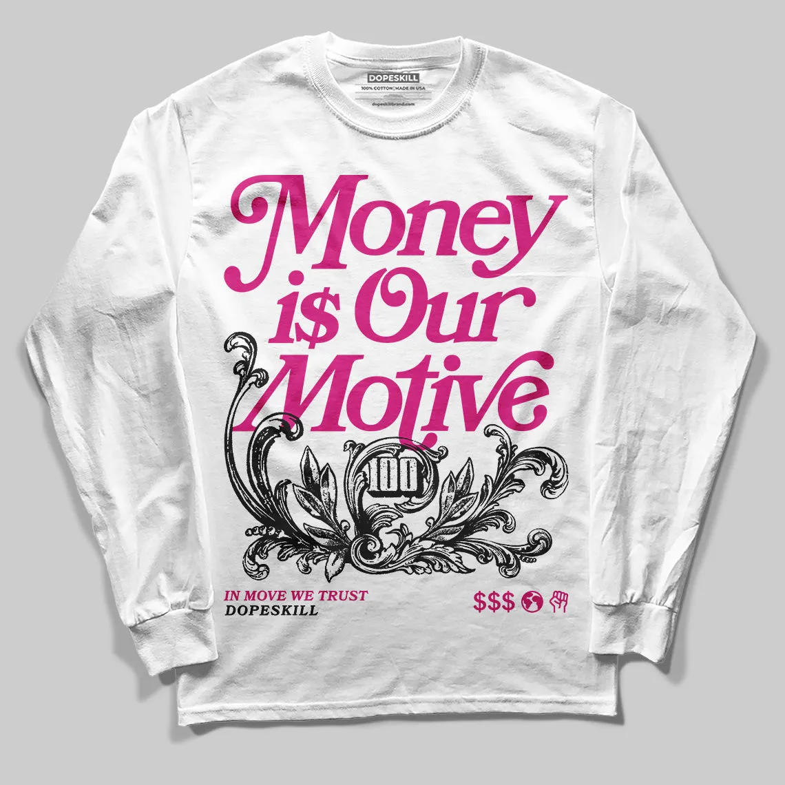 Rick RO Pink Leather Sneakers DopeSkill Long Sleeve T-Shirt Money Is Our Motive Typo Graphic sold by DopeSkill product image thumbnail 2
