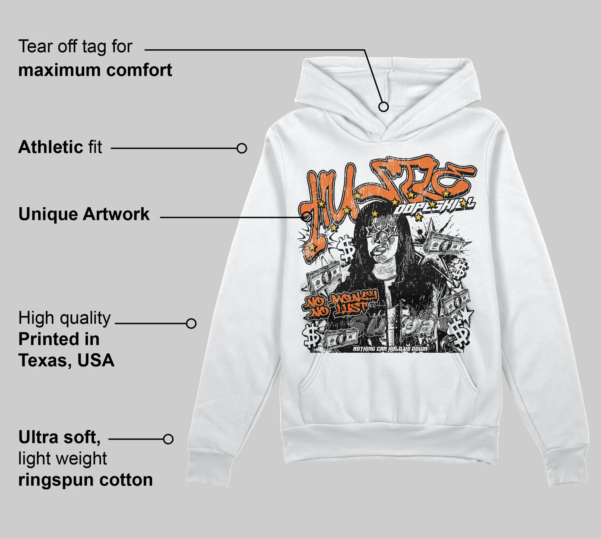 Orange Black White DopeSkill Hoodie Sweatshirt No Money No Lust Graphic sold by DopeSkill product image thumbnail 3