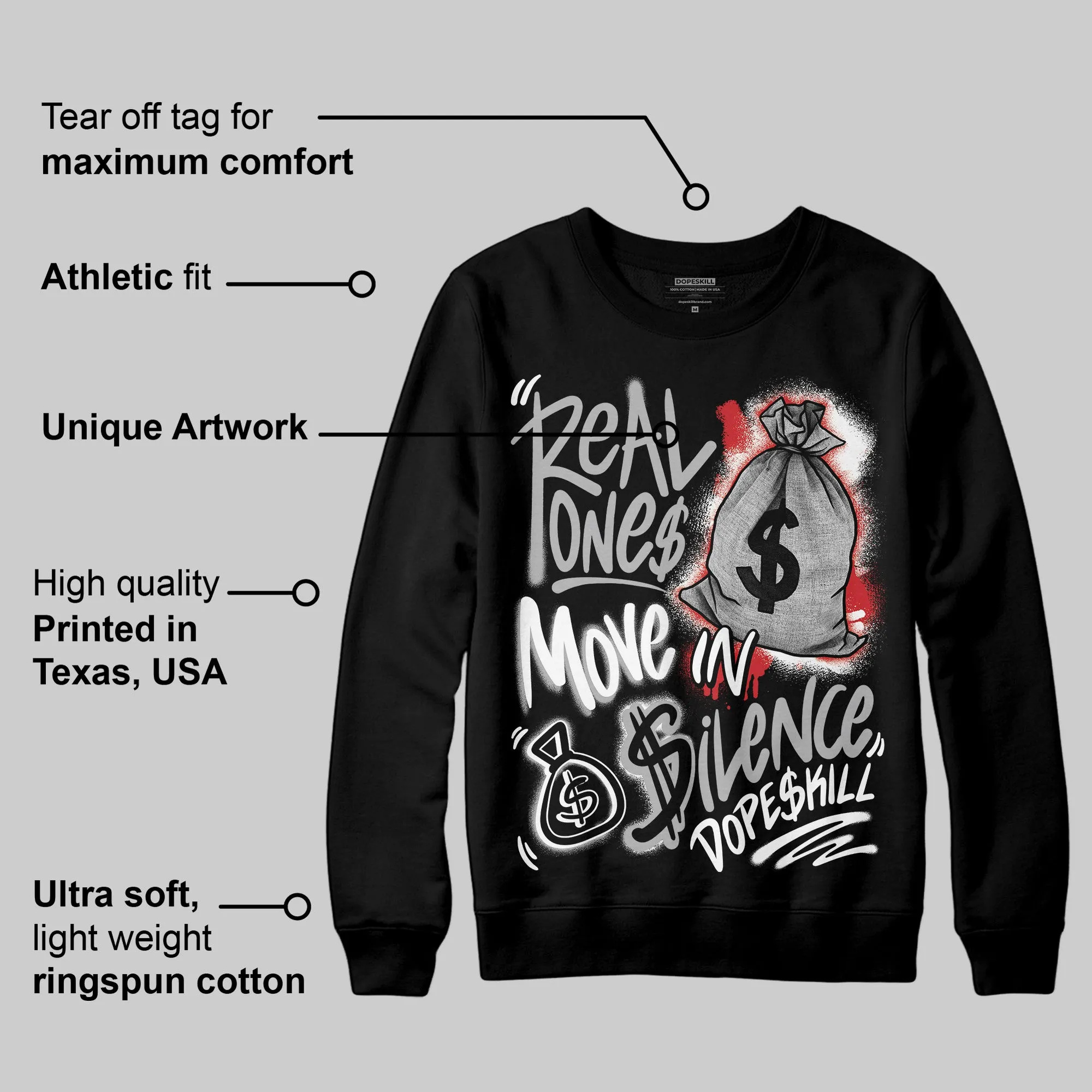 Black Cement 3s DopeSkill Sweatshirt Real Ones Move In Silence Graphic sold by DopeSkill product image thumbnail 3