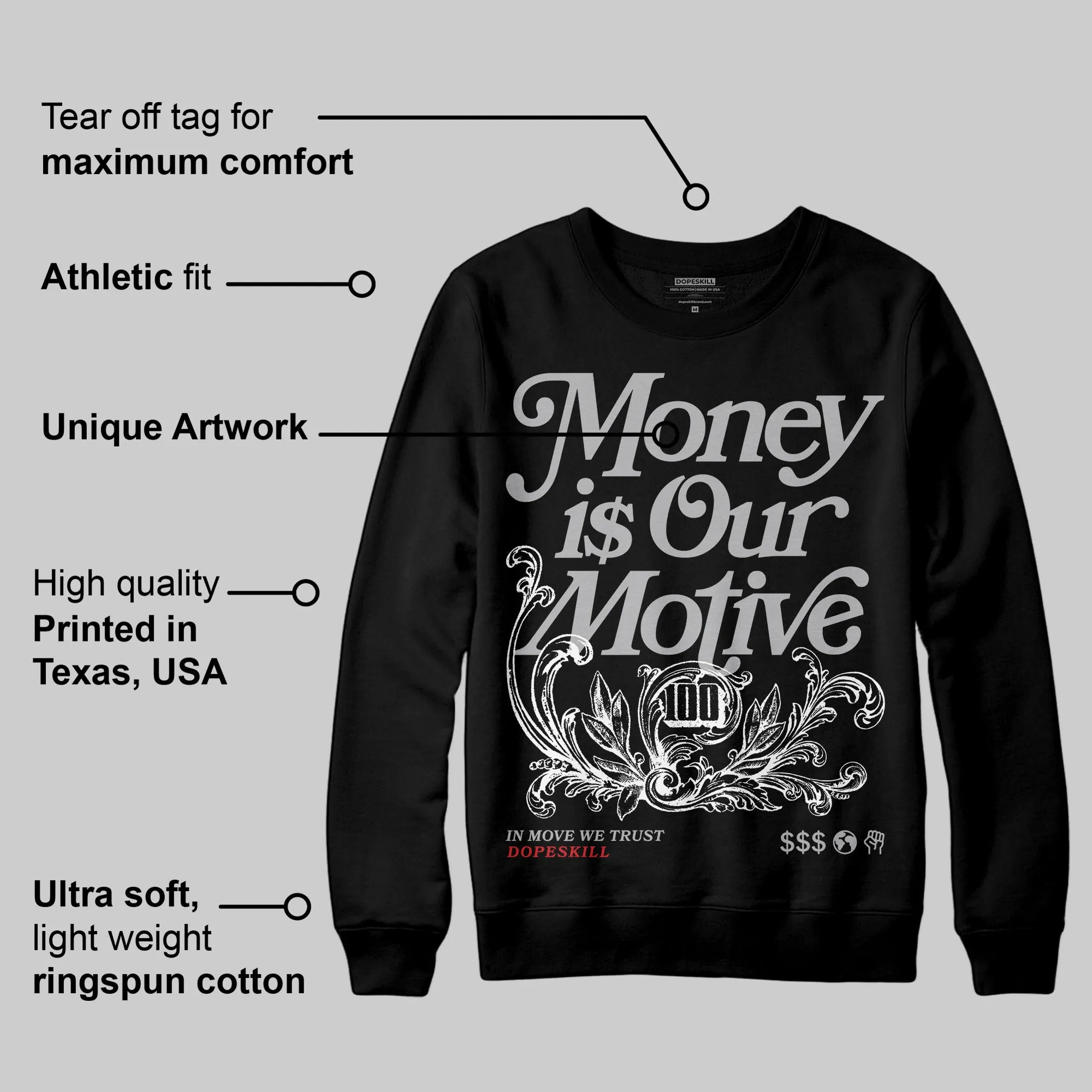 Black Cement 3s DopeSkill Sweatshirt Money Is Our Motive Typo Graphic sold by DopeSkill product image thumbnail 3
