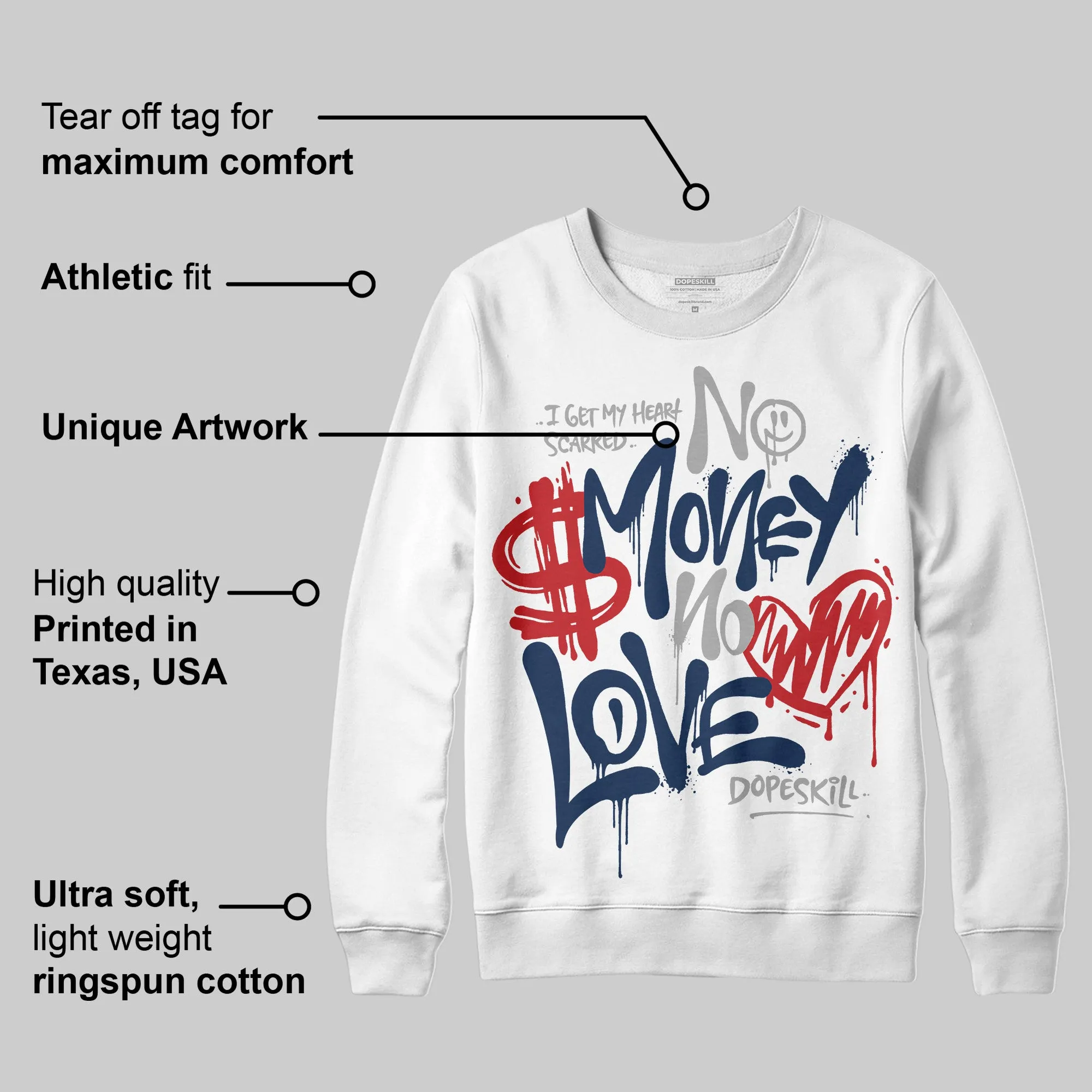 Summit White Navy 4s DopeSkill Sweatshirt No Money No Love Typo Graphic sold by DopeSkill product image thumbnail 3