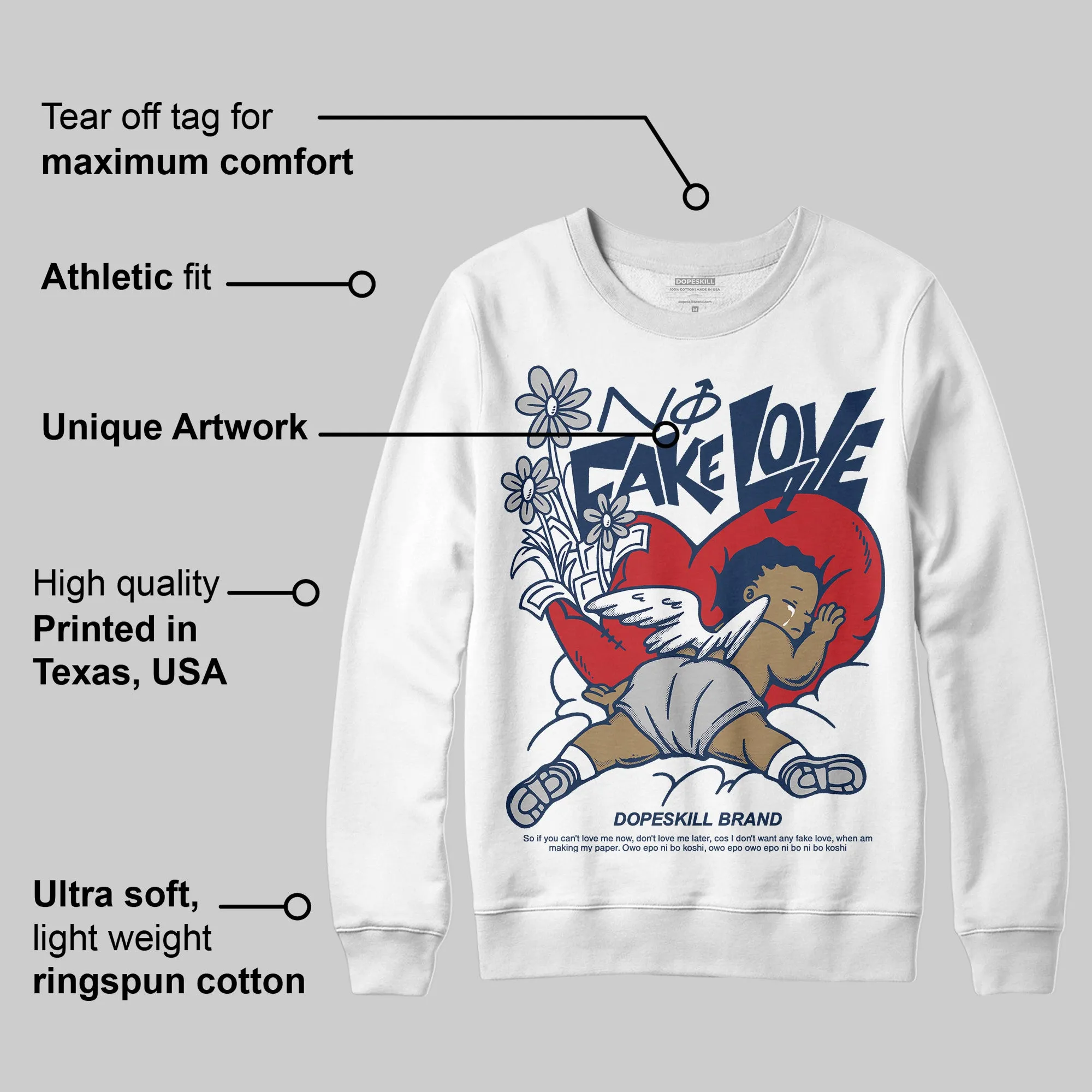 Summit White Navy 4s DopeSkill Sweatshirt No Fake Love Graphic sold by DopeSkill product image thumbnail 3