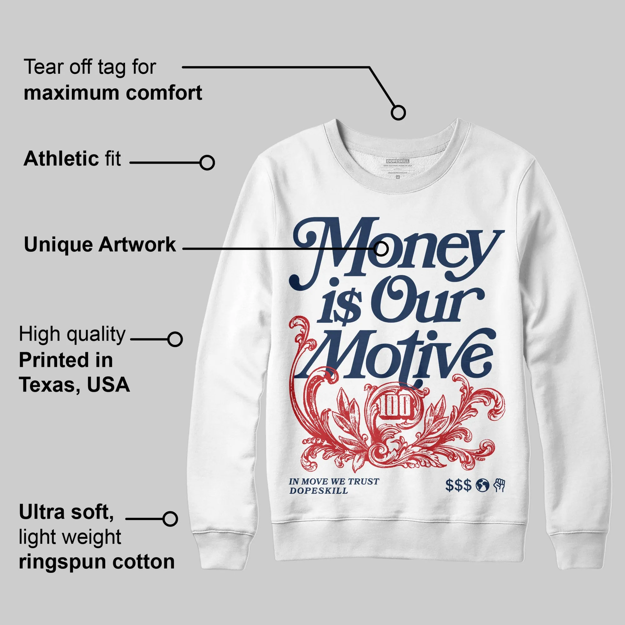 Summit White Navy 4s DopeSkill Sweatshirt Money Is Our Motive Typo Graphic sold by DopeSkill product image thumbnail 3