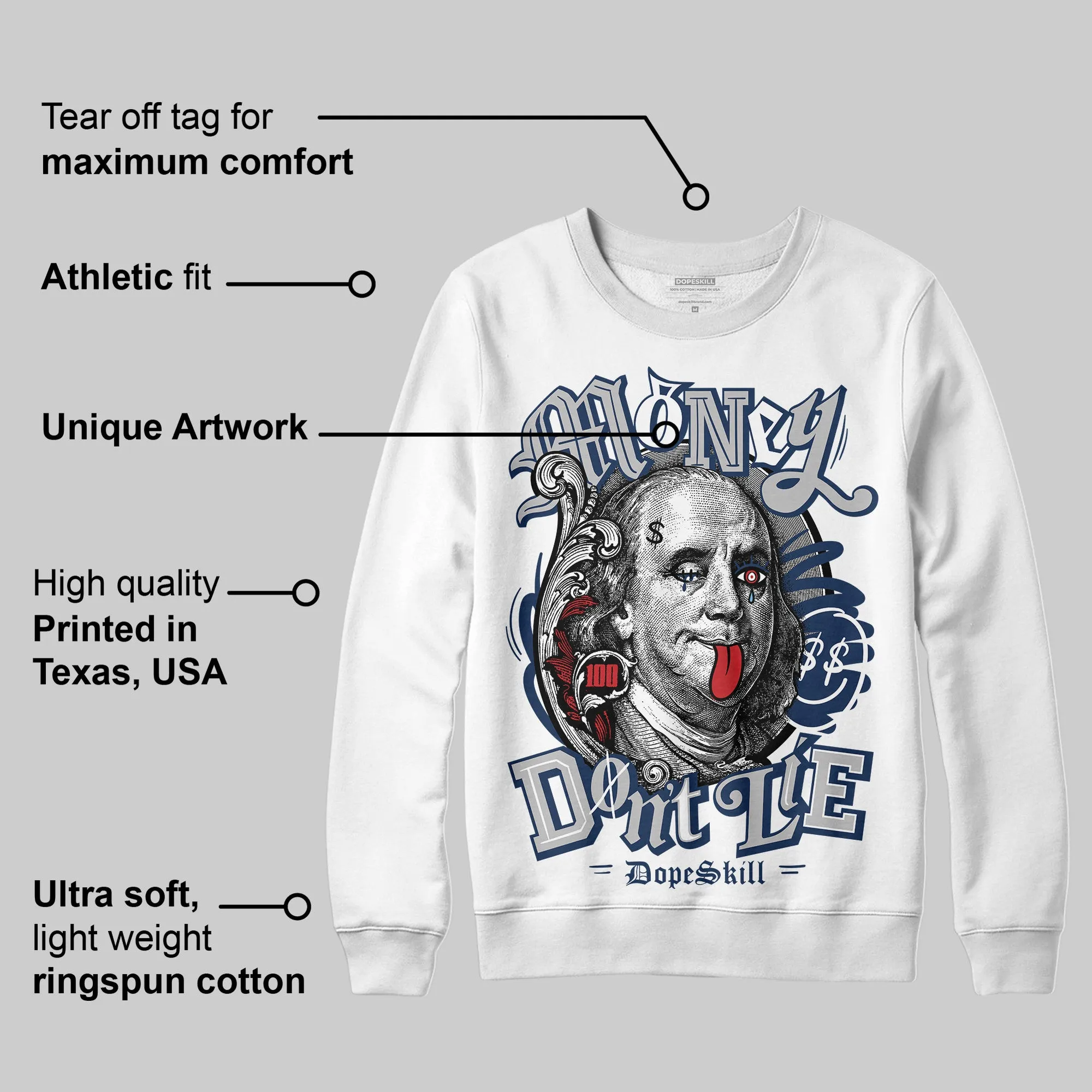 Summit White Navy 4s DopeSkill Sweatshirt Money Don't Lie Graphic sold by DopeSkill product image thumbnail 3