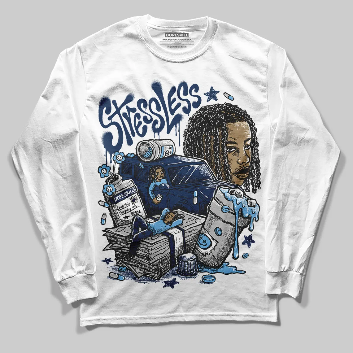 Summit White Navy 4s DopeSkill Long Sleeve T-Shirt Stressless Graphic sold by DopeSkill
