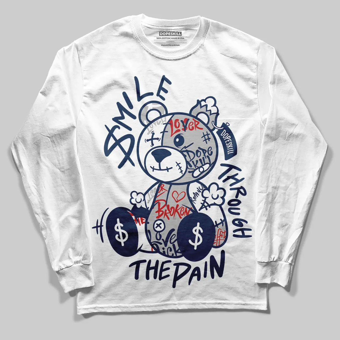 Summit White Navy 4s DopeSkill Long Sleeve T-Shirt Smile Through The Pain Graphic sold by DopeSkill