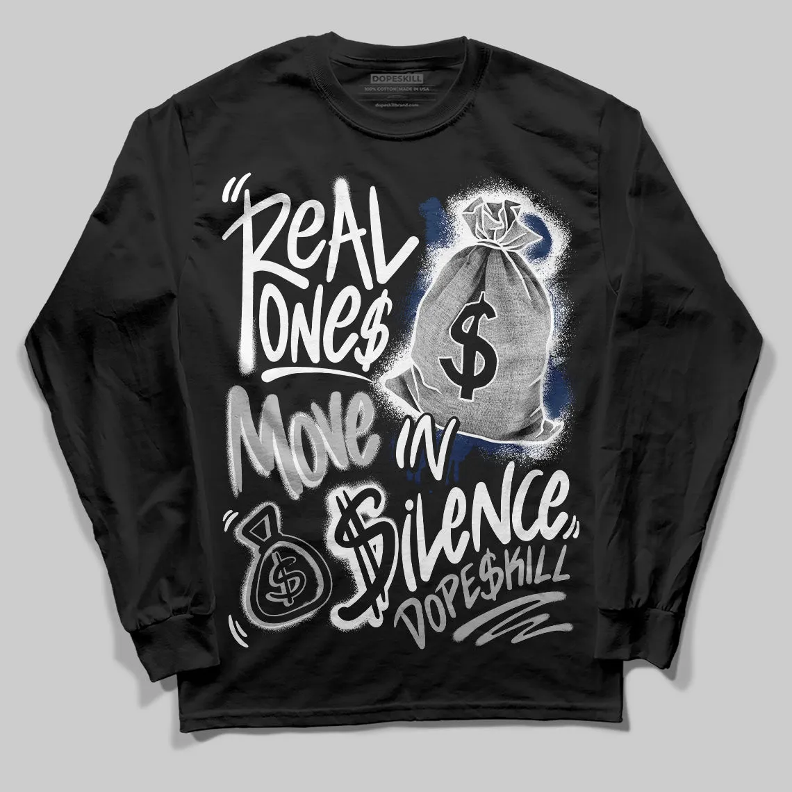 Summit White Navy 4s DopeSkill Long Sleeve T-Shirt Real Ones Move In Silence Graphic sold by DopeSkill product image thumbnail 2