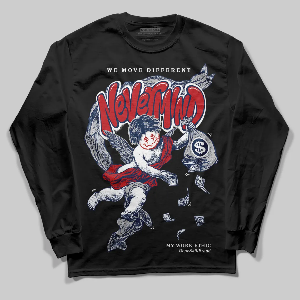 Summit White Navy 4s DopeSkill Long Sleeve T-Shirt Nevermind Graphic sold by DopeSkill product image thumbnail 2