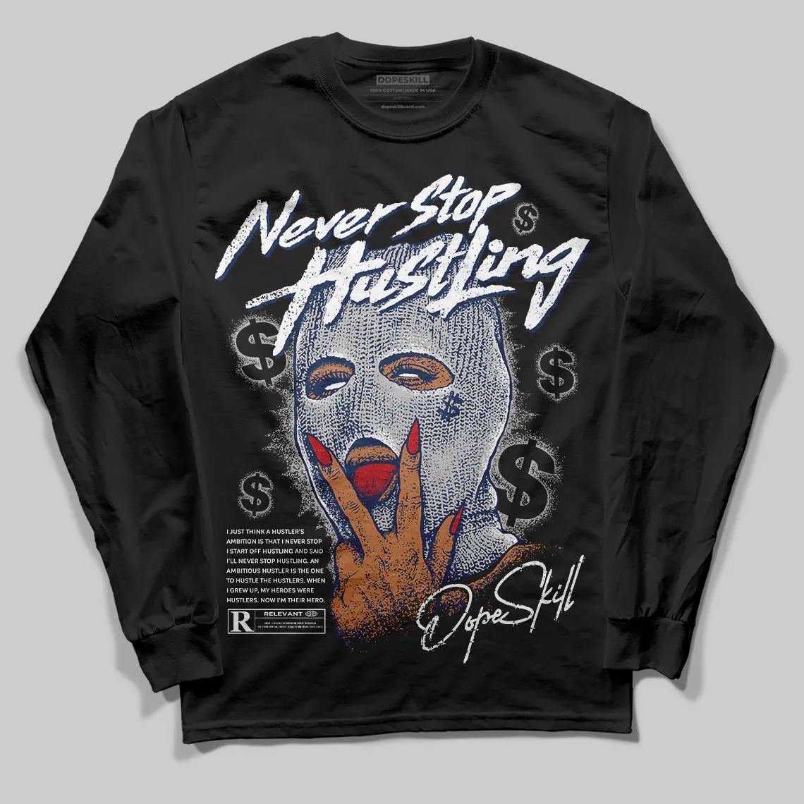 Summit White Navy 4s DopeSkill Long Sleeve T-Shirt Never Stop Hustling Graphic sold by DopeSkill product image thumbnail 2