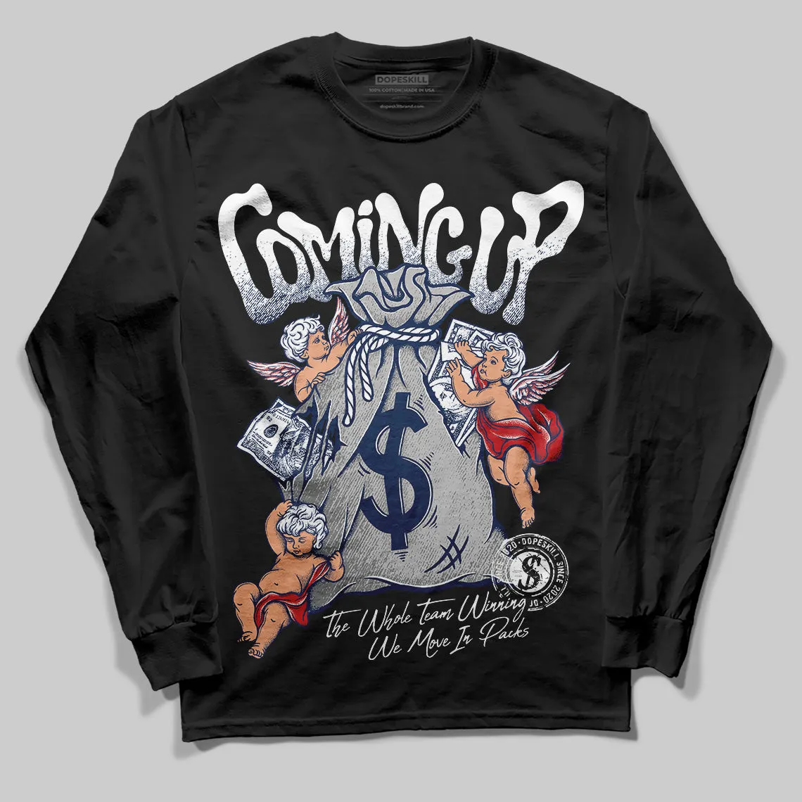 Summit White Navy 4s DopeSkill Long Sleeve T-Shirt Money Bag Coming Up Graphic sold by DopeSkill product image thumbnail 2
