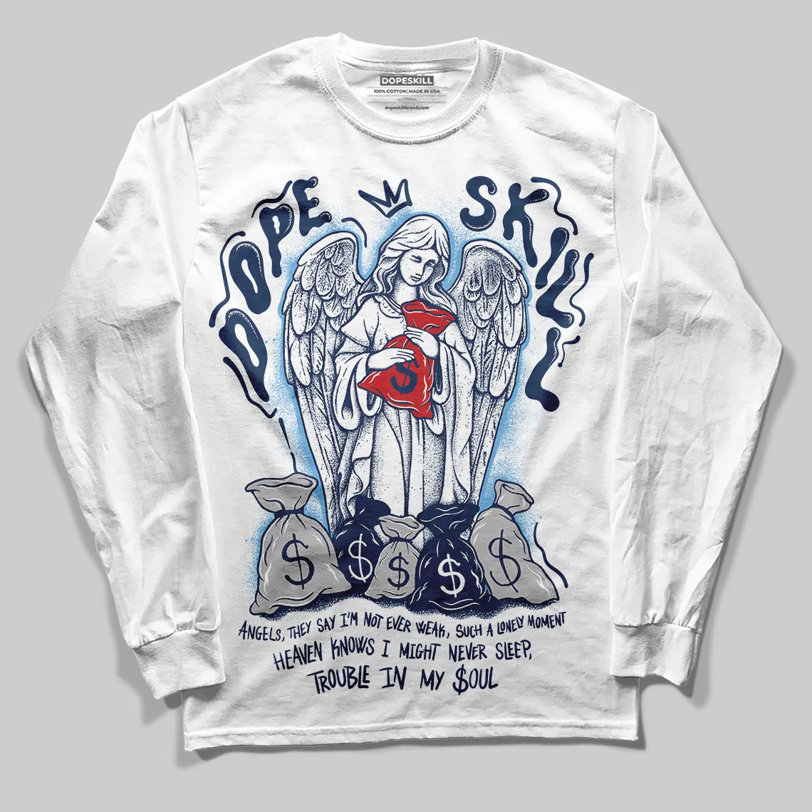 Summit White Navy 4s DopeSkill Long Sleeve T-Shirt Angels Graphic sold by DopeSkill