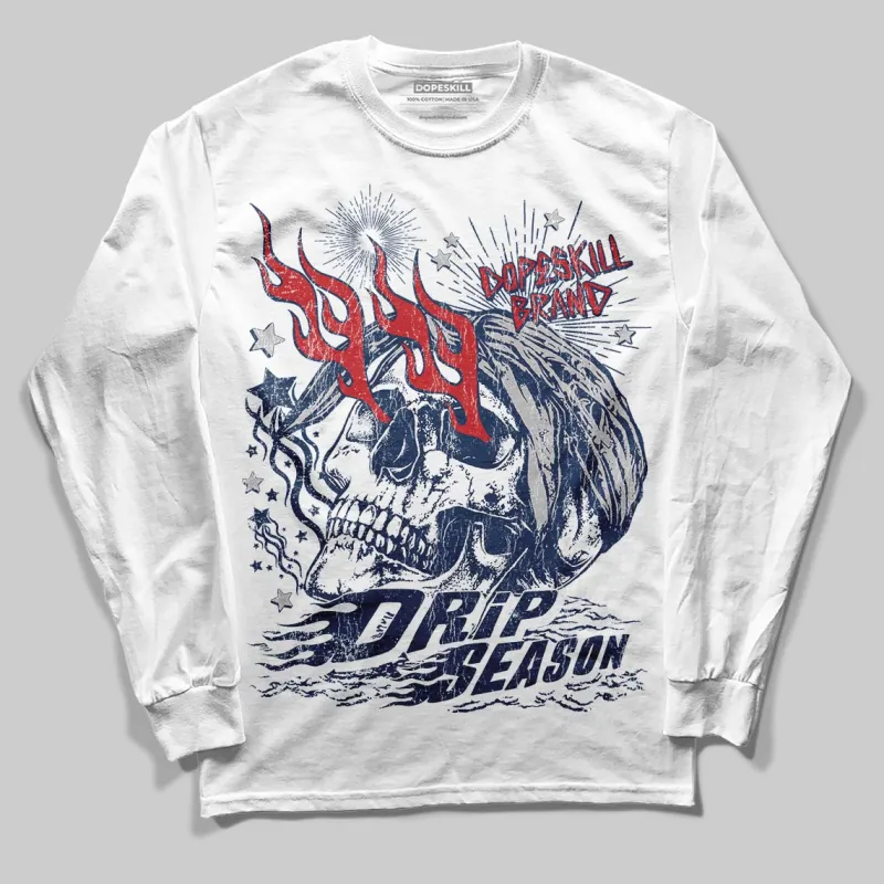 Summit White Navy 4s DopeSkill Long Sleeve T-Shirt Drip Season Graphic sold by DopeSkill