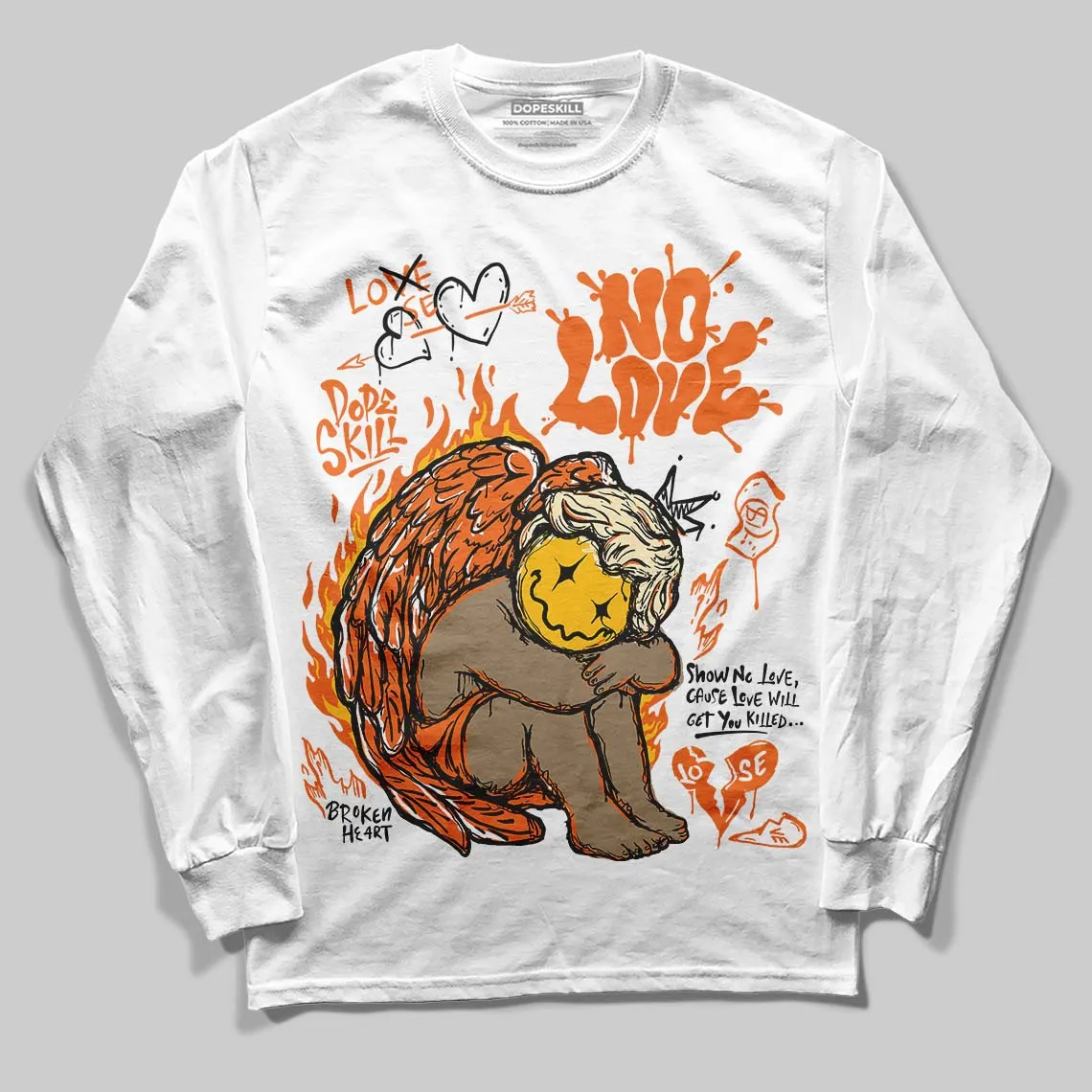 Orange Black White DopeSkill Long Sleeve T-Shirt No Love Graphic sold by DopeSkill