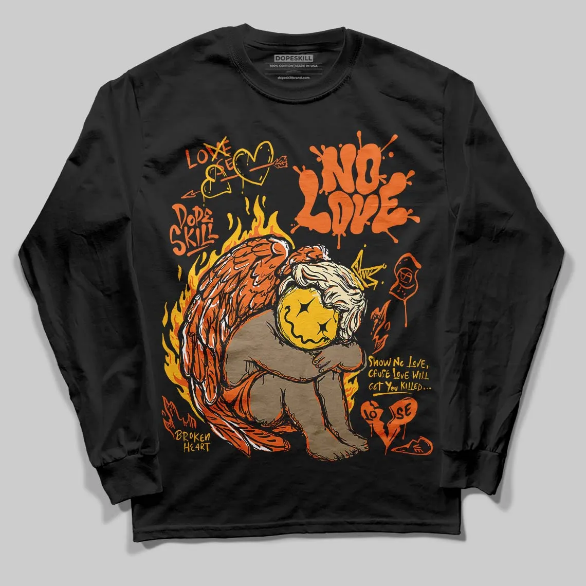 Orange Black White DopeSkill Long Sleeve T-Shirt No Love Graphic sold by DopeSkill product image thumbnail 2