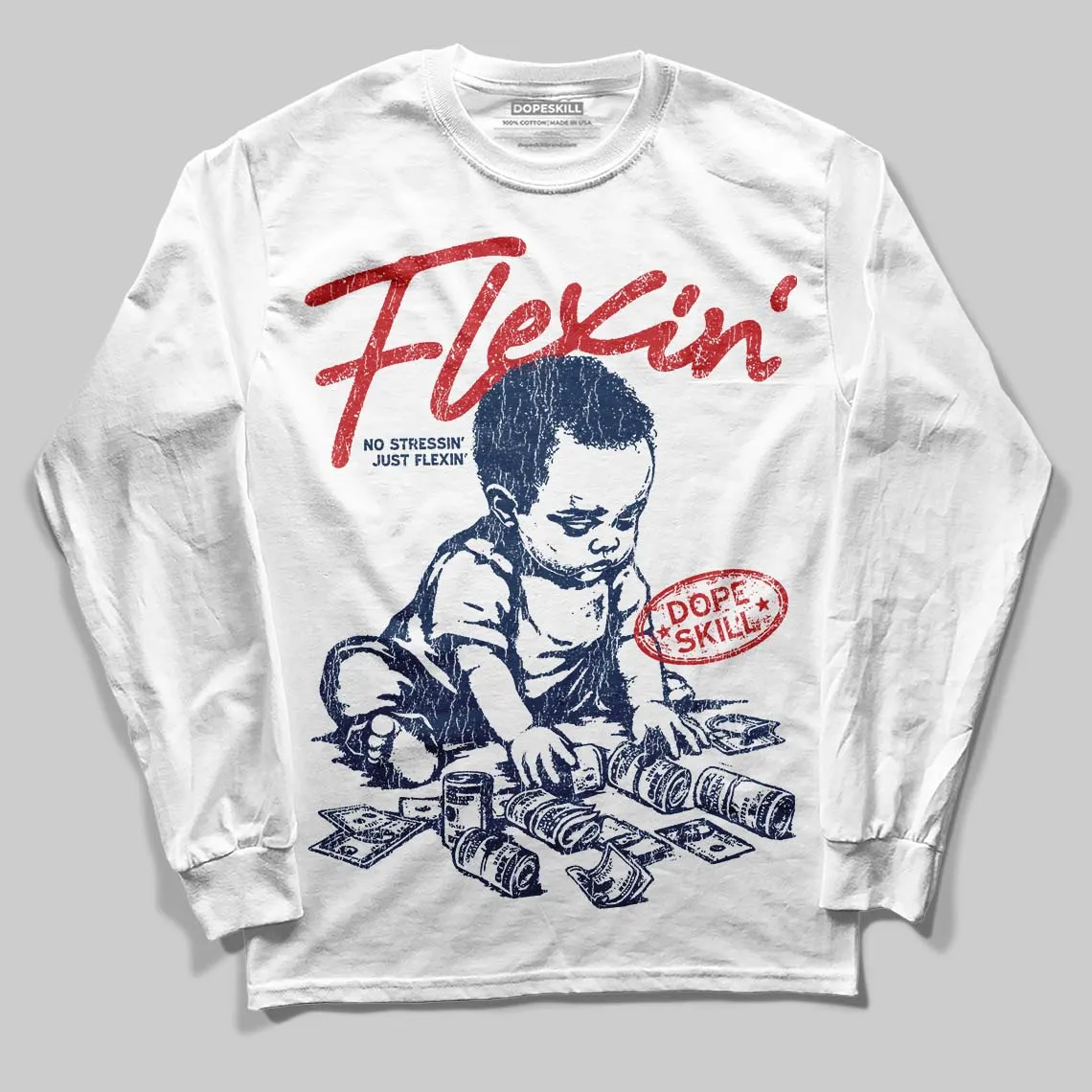 Summit White Navy 4s DopeSkill Long Sleeve T-Shirt Flexin' Graphic sold by DopeSkill