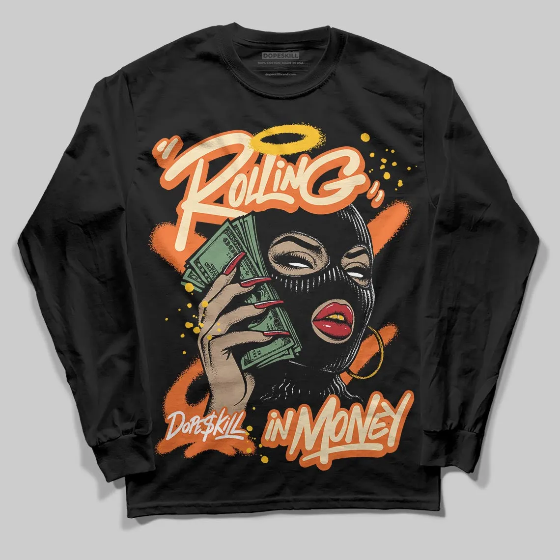 Orange Black White DopeSkill Long Sleeve T-Shirt Rolling in Money Graphic sold by DopeSkill product image thumbnail 2