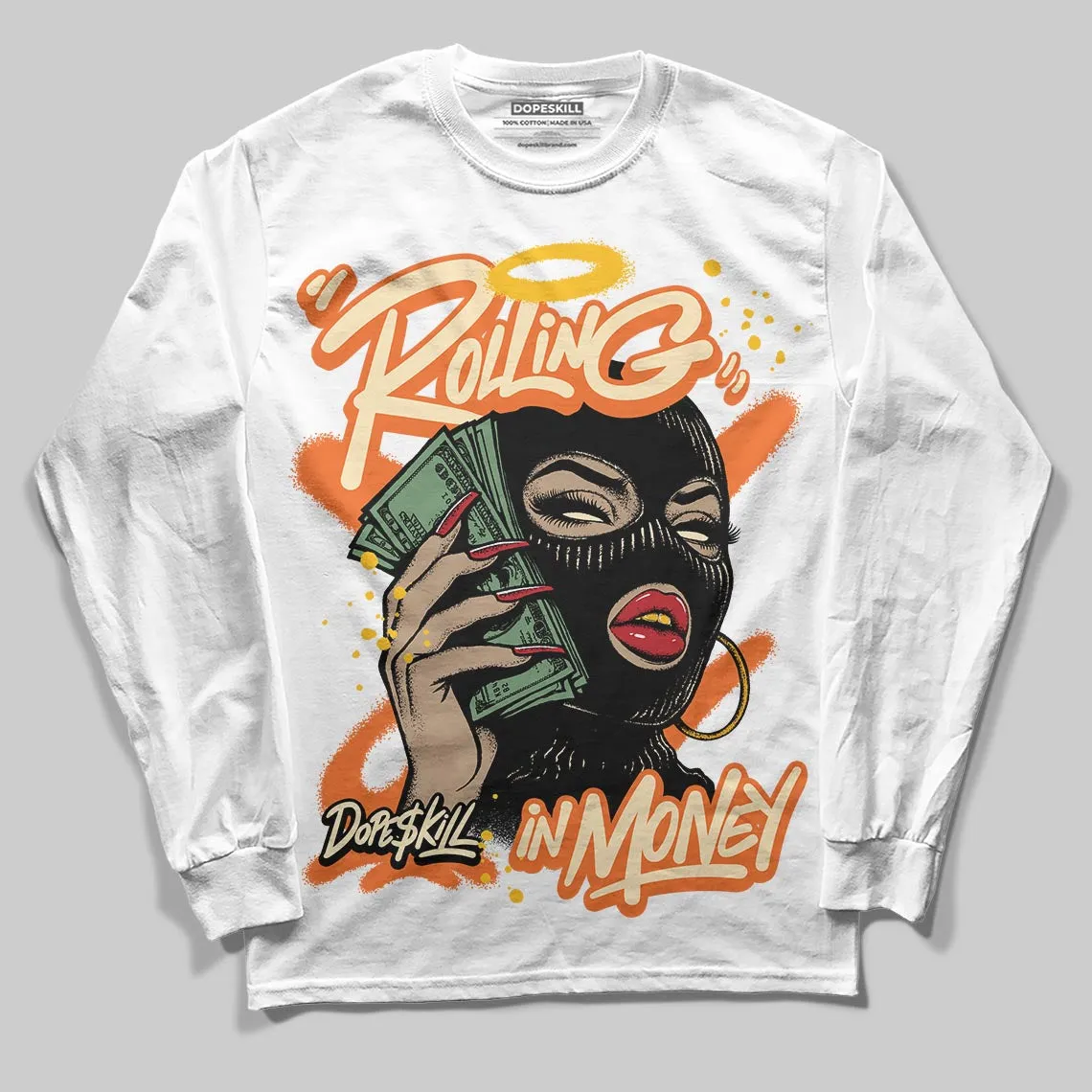 Orange Black White DopeSkill Long Sleeve T-Shirt Rolling in Money Graphic sold by DopeSkill