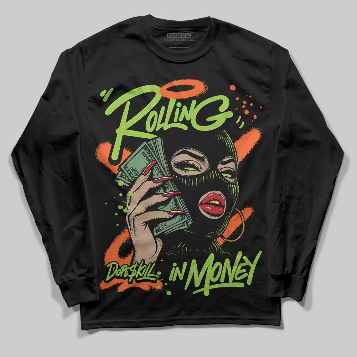 Neon Green Collection DopeSkill Long Sleeve T-Shirt Rolling in Money Graphic sold by DopeSkill
