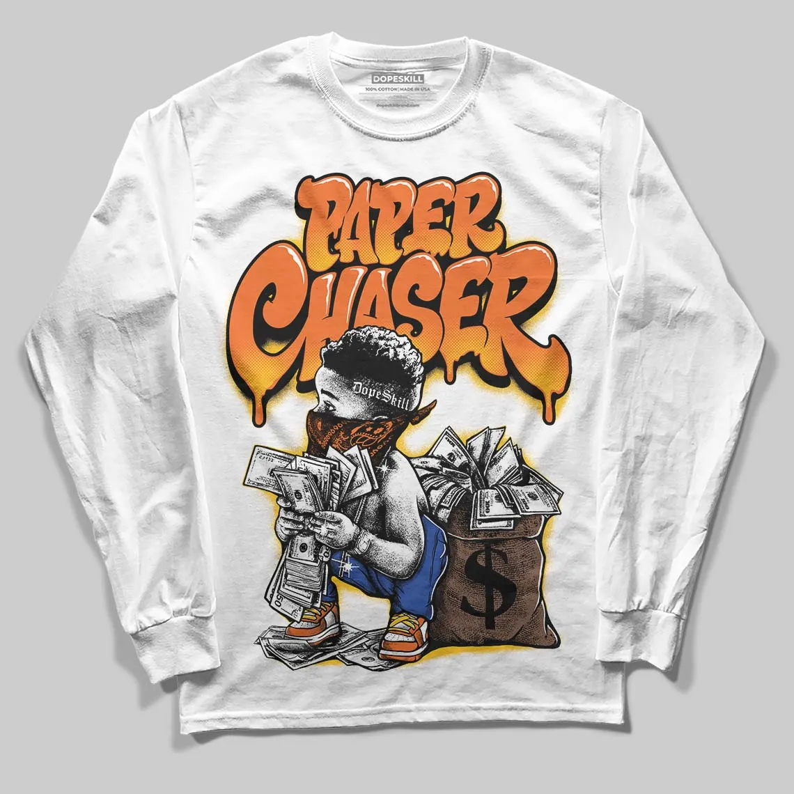 Orange 'Paper Chaser Boy' DopeSkill Graphic Long Sleeve T-Shirt sold by DopeSkill