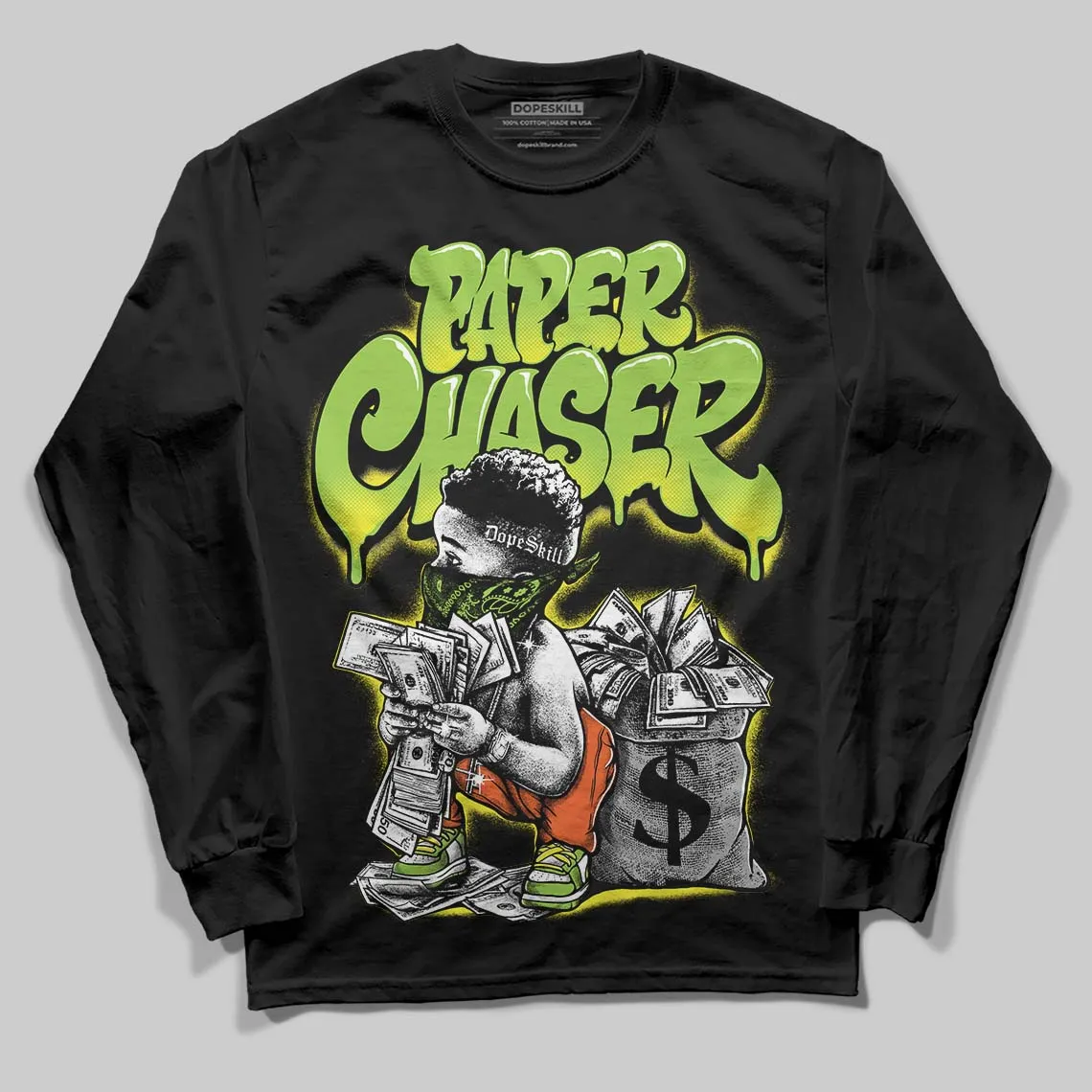 Neon Green Collection DopeSkill Long Sleeve T-Shirt Paper Chaser Boy Graphic sold by DopeSkill