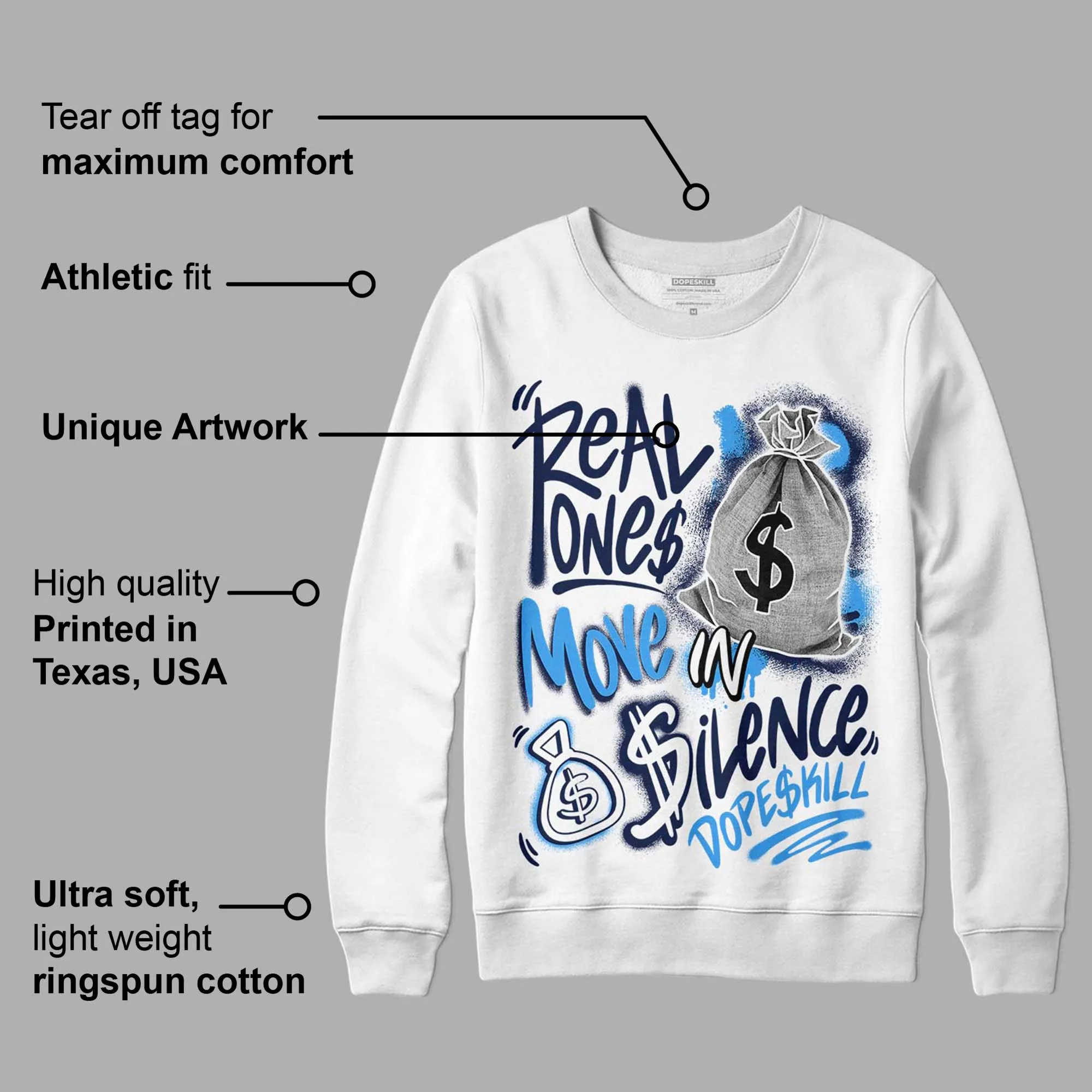 Midnight Navy 3s DopeSkill Sweatshirt Real Ones Move In Silence Graphic sold by DopeSkill product image thumbnail 3