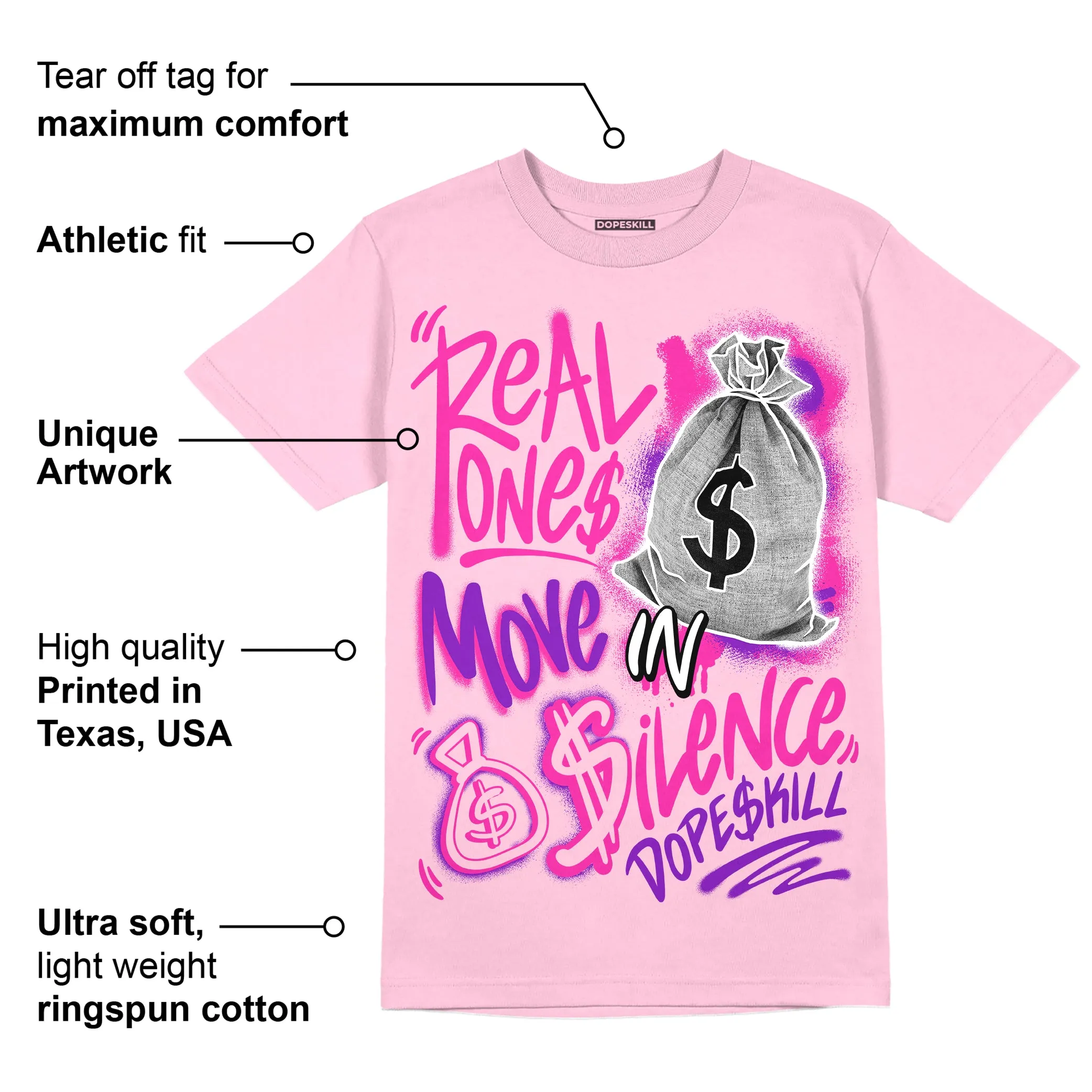Pink Collection DopeSkill Pink T-shirt Real Ones Move In Silence Graphic sold by DopeSkill product image thumbnail 2