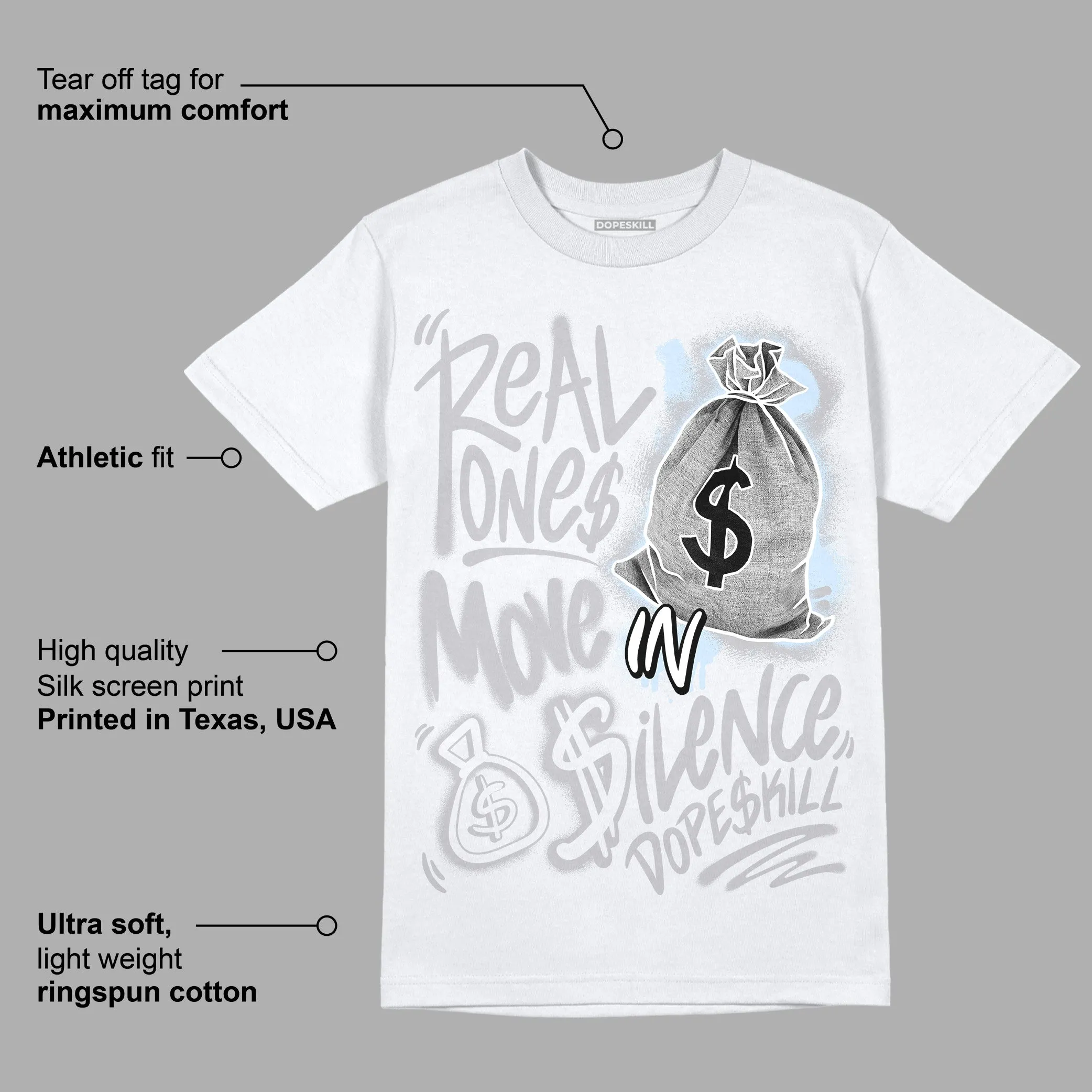 Cement Grey 11s DopeSkill T-Shirt Real Ones Move In Silence Graphic sold by DopeSkill product image thumbnail 3