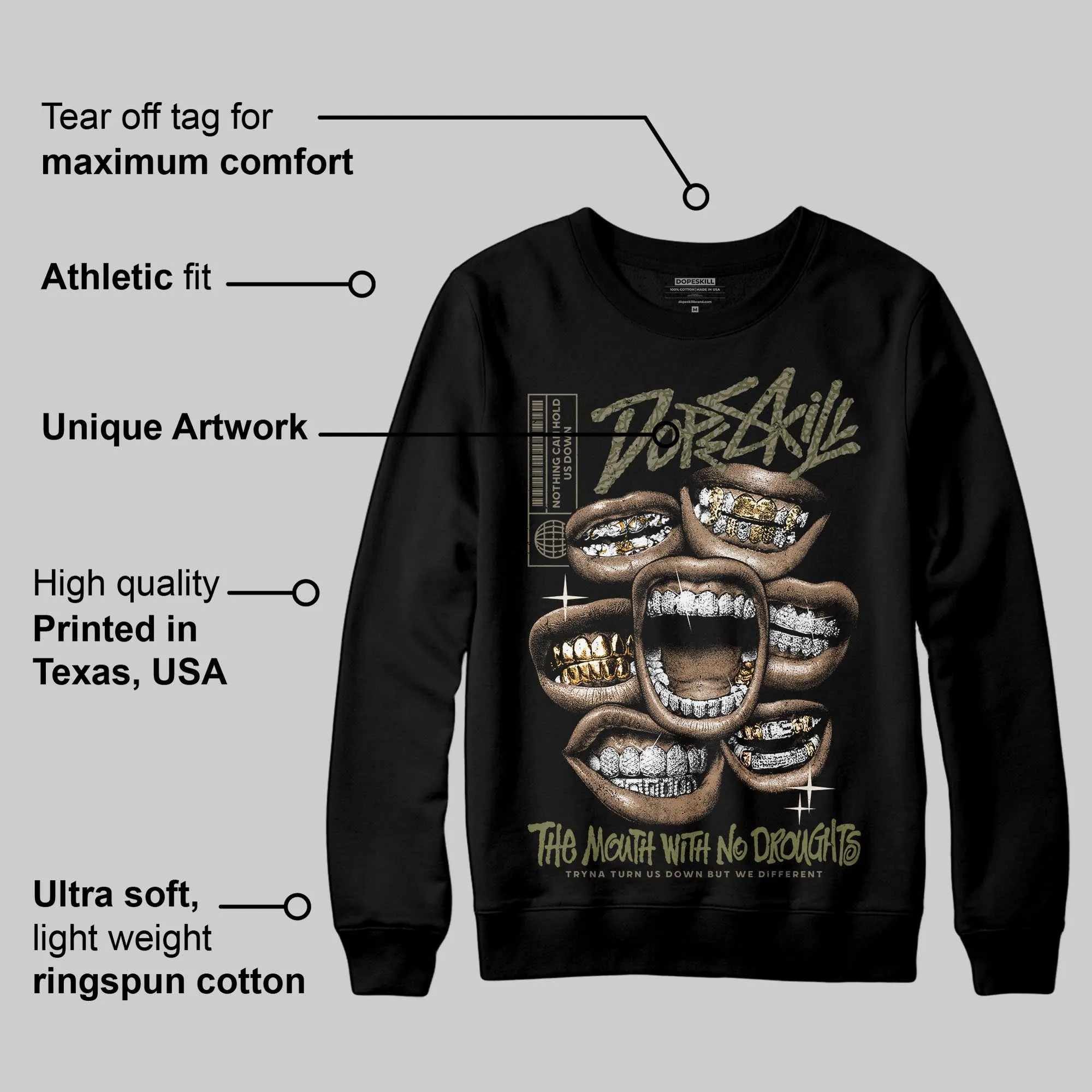 Medium Olive 3s DopeSkill Sweatshirt The Mouth With No Droughts Graphic sold by DopeSkill product image thumbnail 3