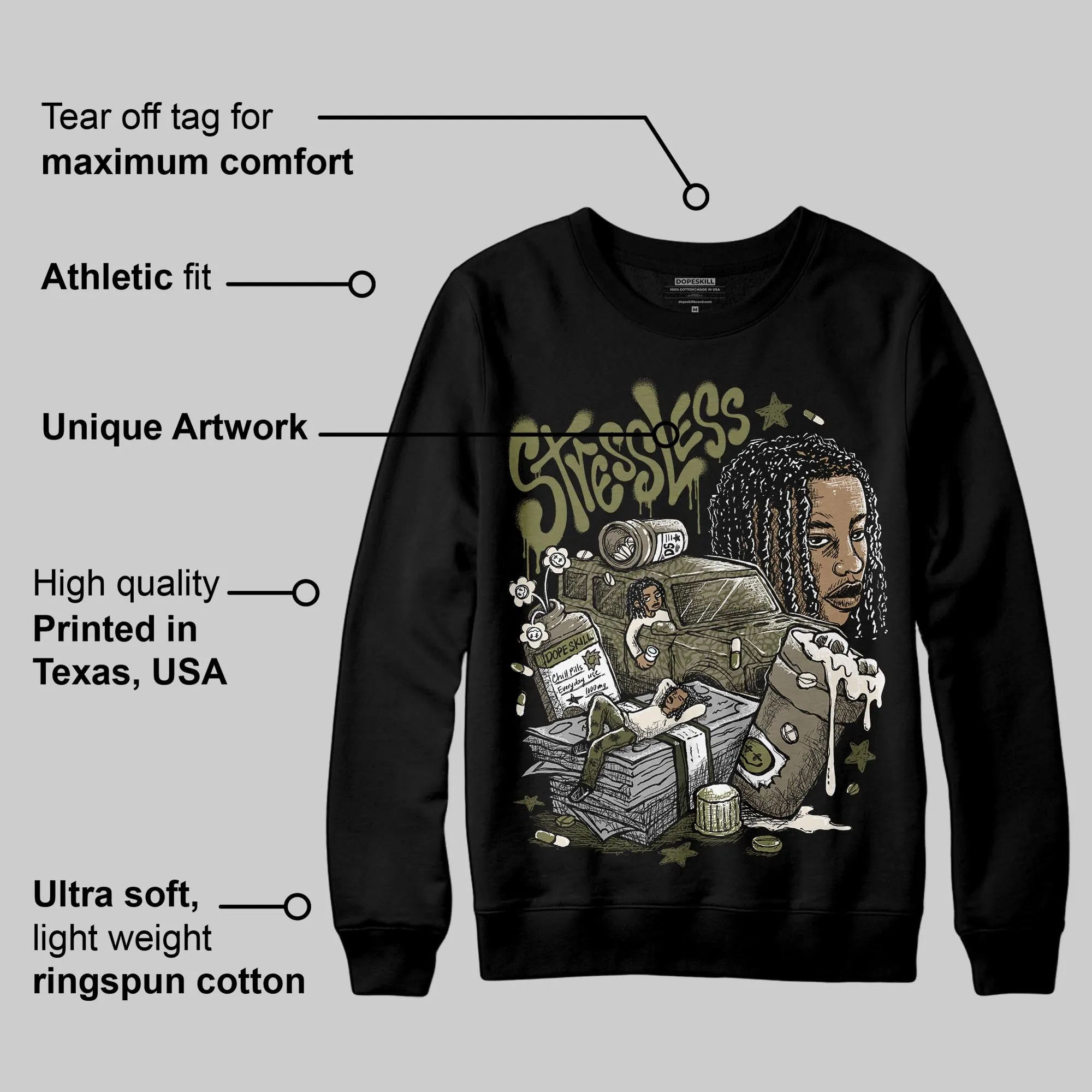 Medium Olive 3s DopeSkill Sweatshirt Stressless Graphic sold by DopeSkill product image thumbnail 3
