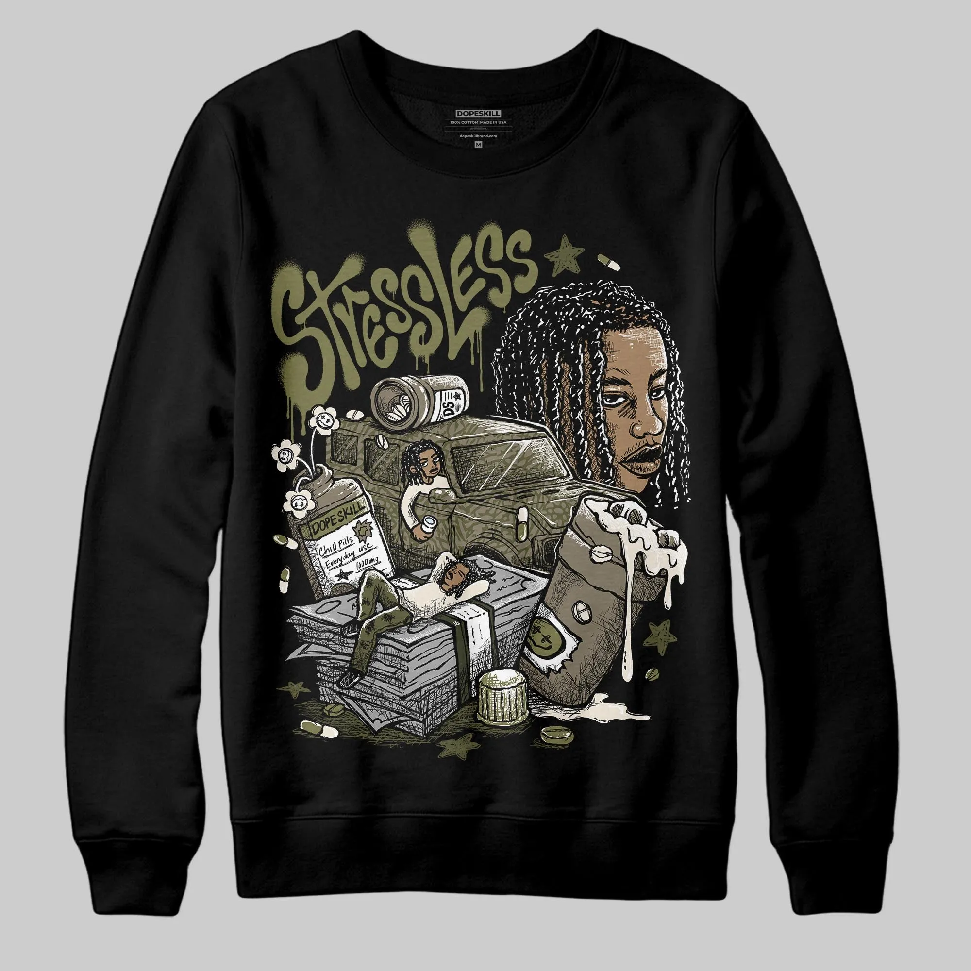 Medium Olive 3s DopeSkill Sweatshirt Stressless Graphic sold by DopeSkill