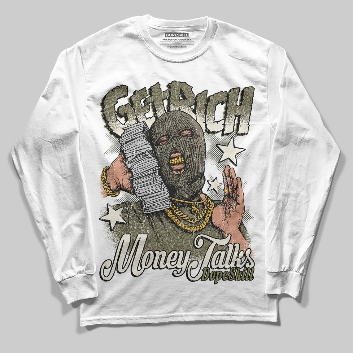Medium Olive 3s DopeSkill Long Sleeve T-Shirt Get Rich Graphic sold by DopeSkill product image thumbnail 2