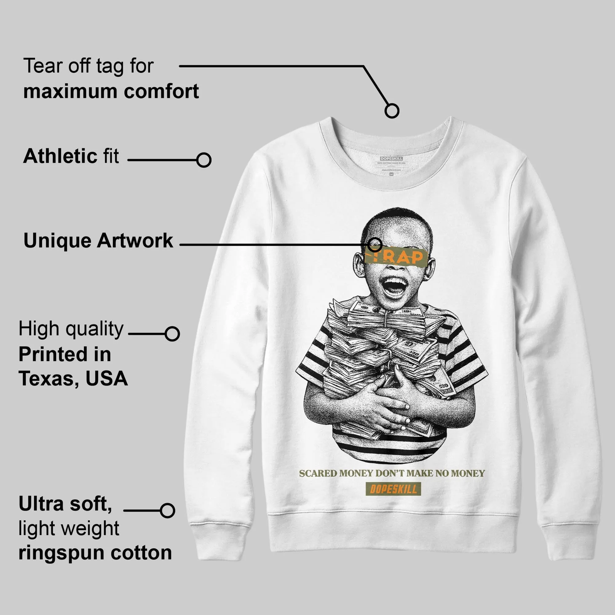Olive 'Scared Money Don't Make No Money' DopeSkill Graphic Sweatshirt sold by DopeSkill product image thumbnail 3