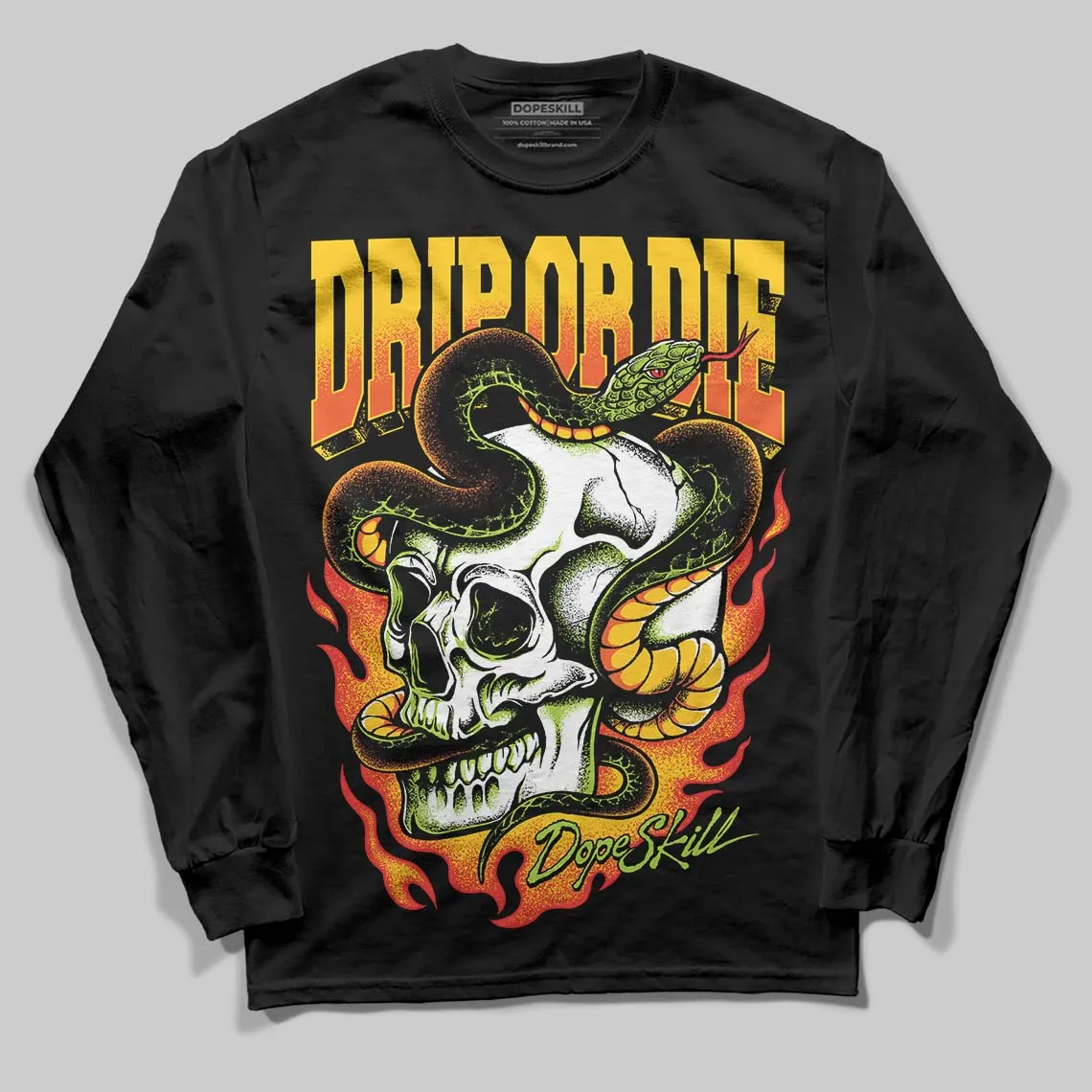 Yellow 'Drip or Die' DopeSkill Graphic Long Sleeve T-Shirt sold by DopeSkill