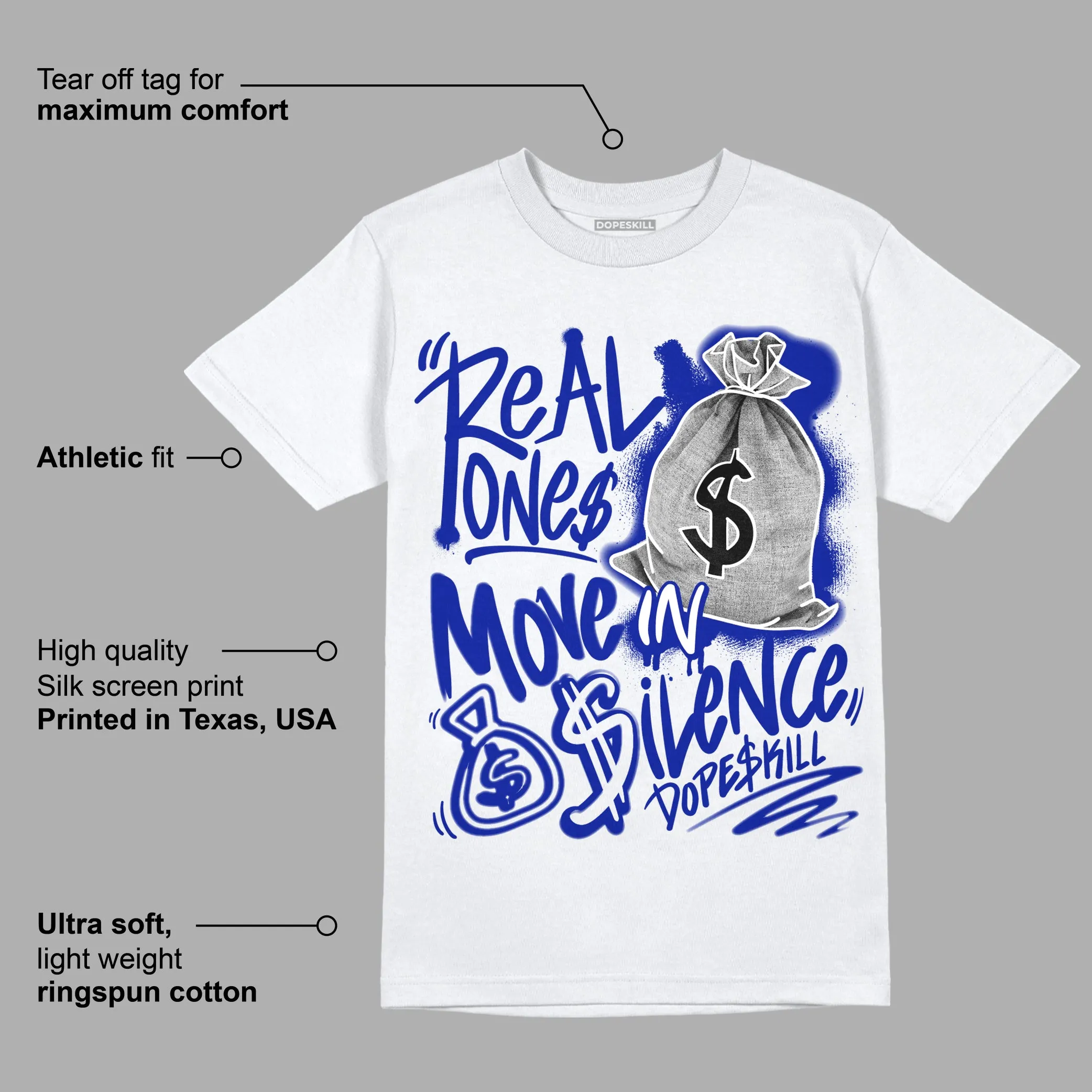 Racer Blue White Dunk Low DopeSkill T-Shirt Real Ones Move In Silence Graphic sold by DopeSkill product image thumbnail 3