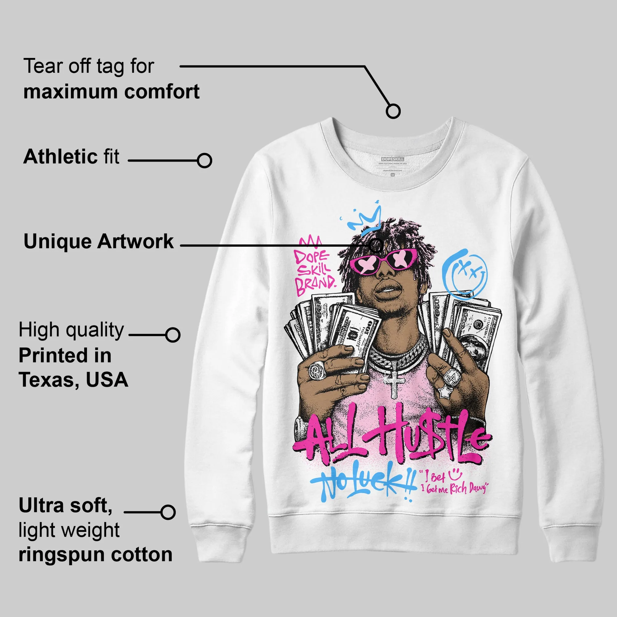 Pink 'All Hustle No Luck' DopeSkill Graphic Sweatshirt sold by DopeSkill product image thumbnail 3